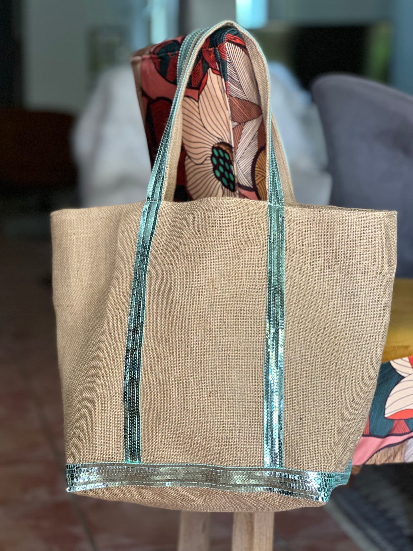 Sac cabas en toile de jute, paillettes vert menthe