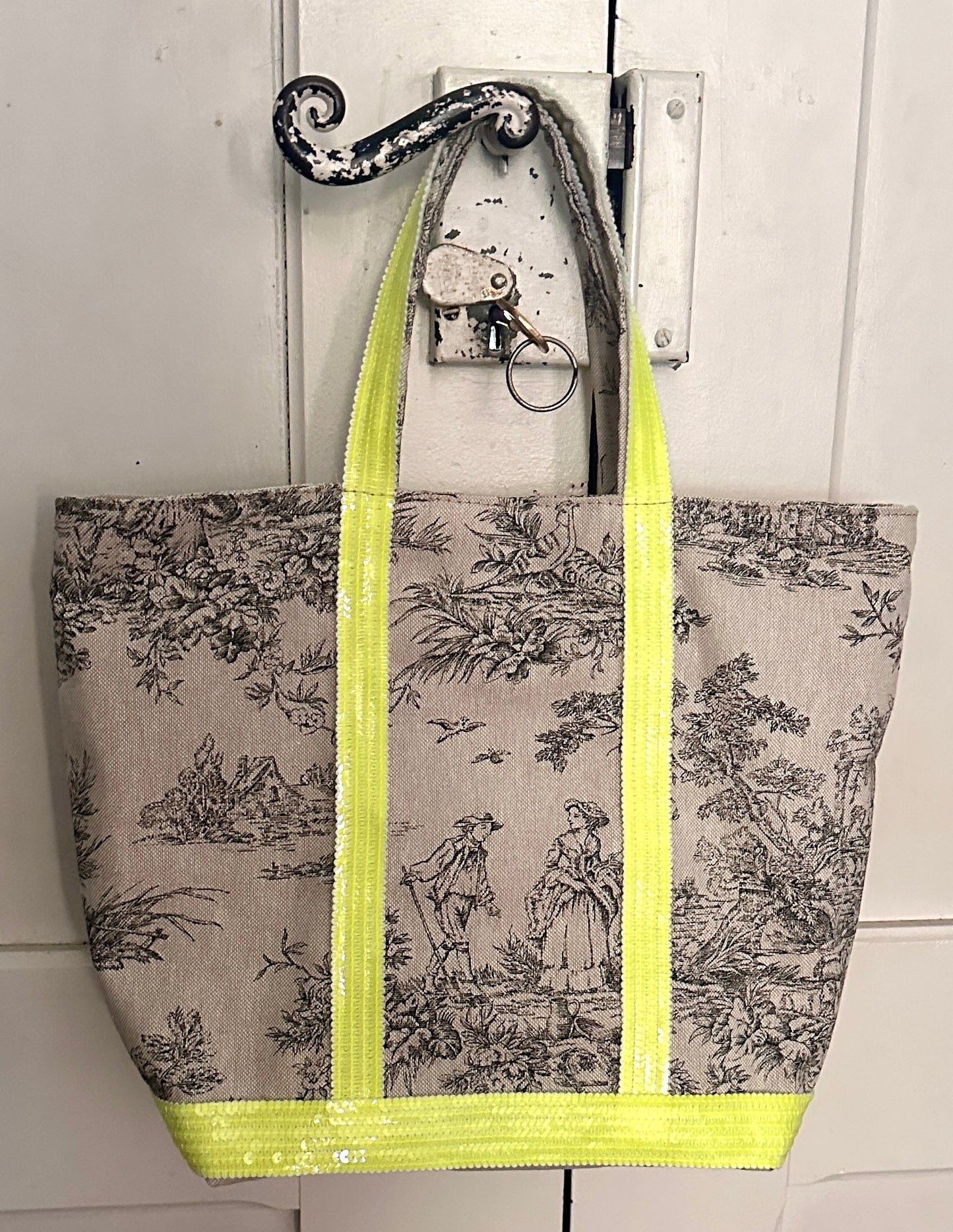 Sac Cabas Toile de Jouy fait main – Sequins Fluo, fourre tout été, sac de plage