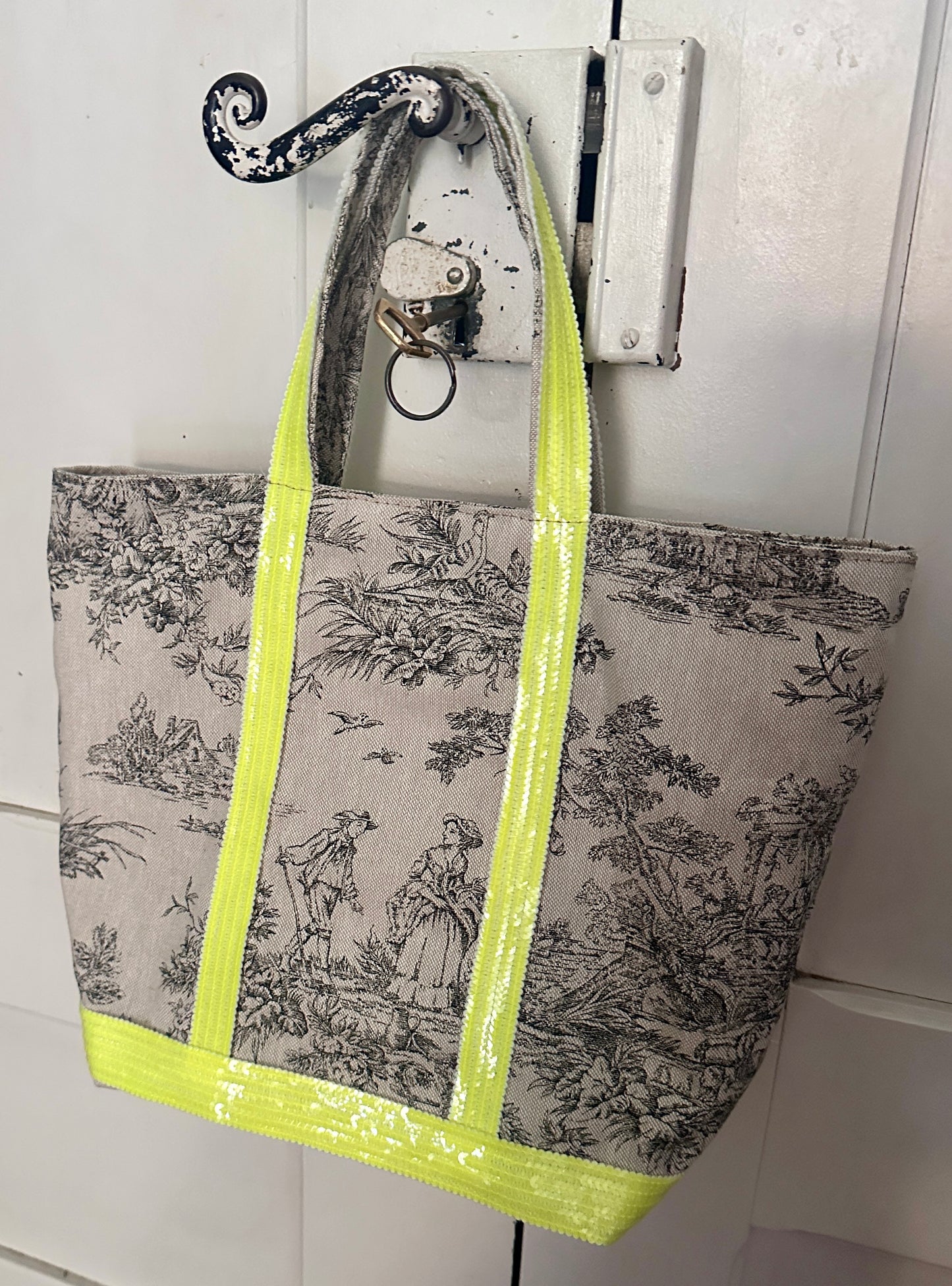 Sac Cabas Toile de Jouy fait main – Sequins Fluo, fourre tout été, sac de plage