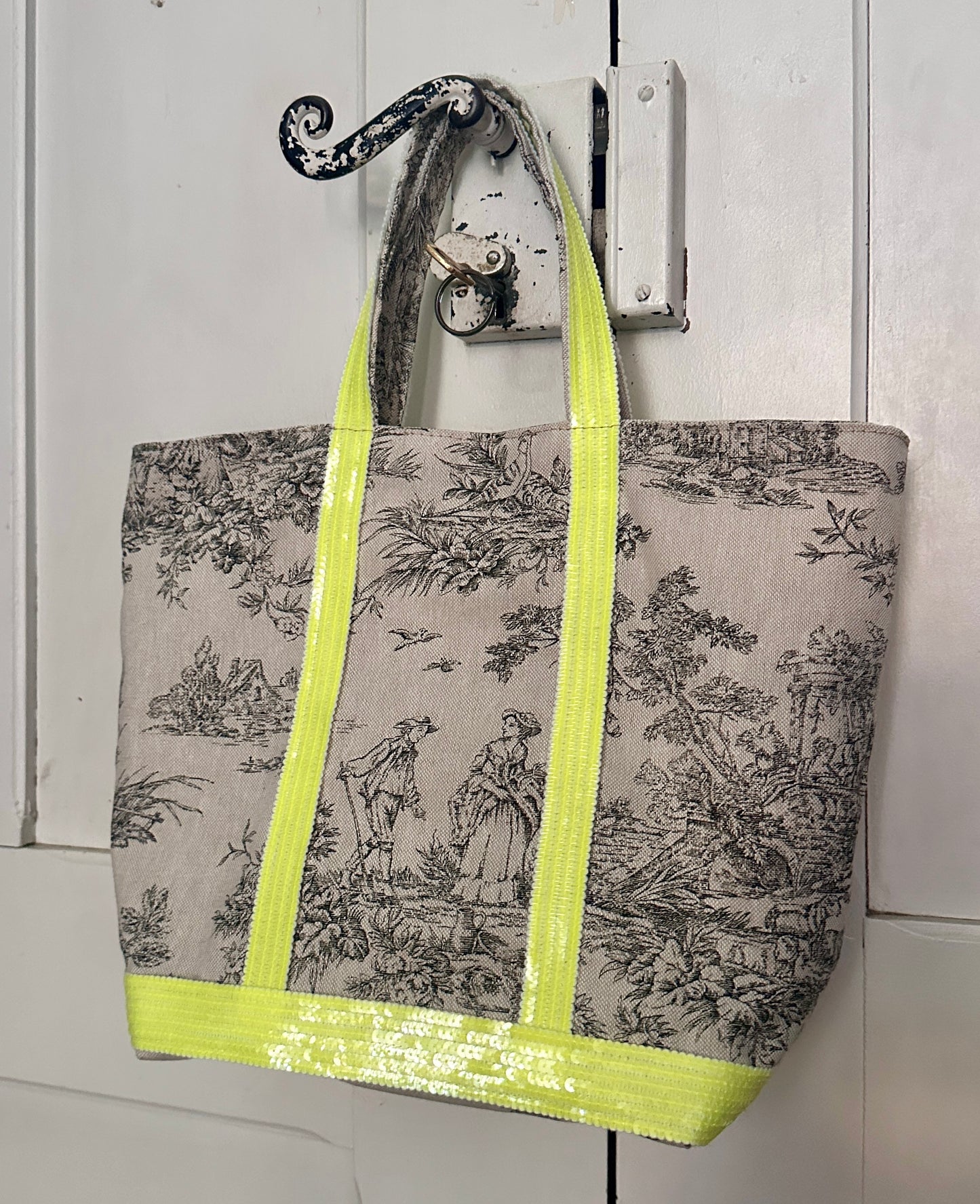 Sac Cabas Toile de Jouy fait main – Sequins Fluo, fourre tout été, sac de plage