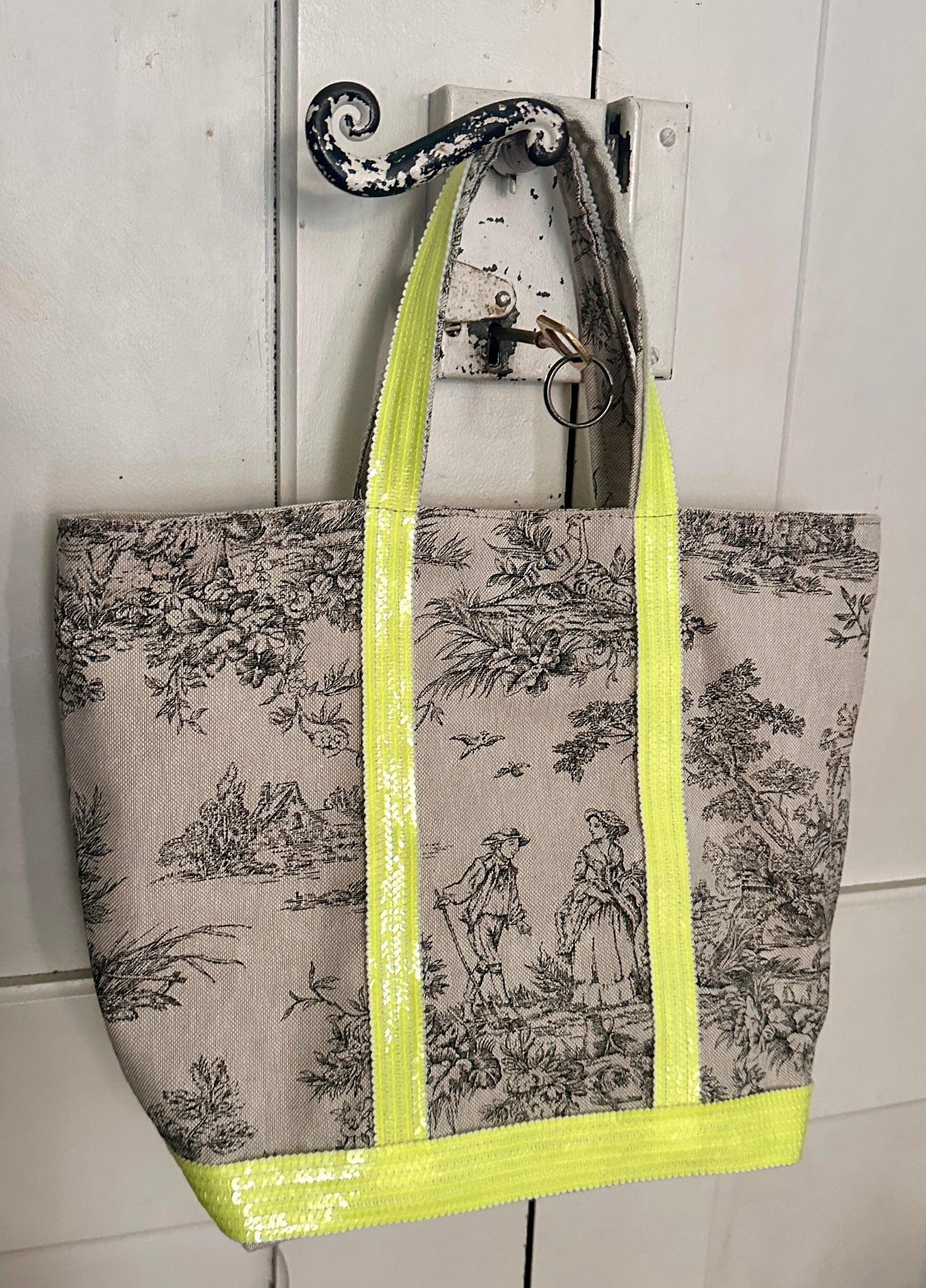 Sac Cabas Toile de Jouy fait main – Sequins Fluo, fourre tout été, sac de plage