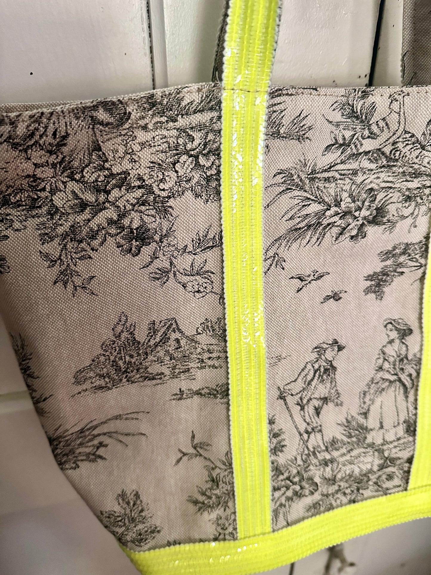 Sac Cabas Toile de Jouy fait main – Sequins Fluo, fourre tout été, sac de plage