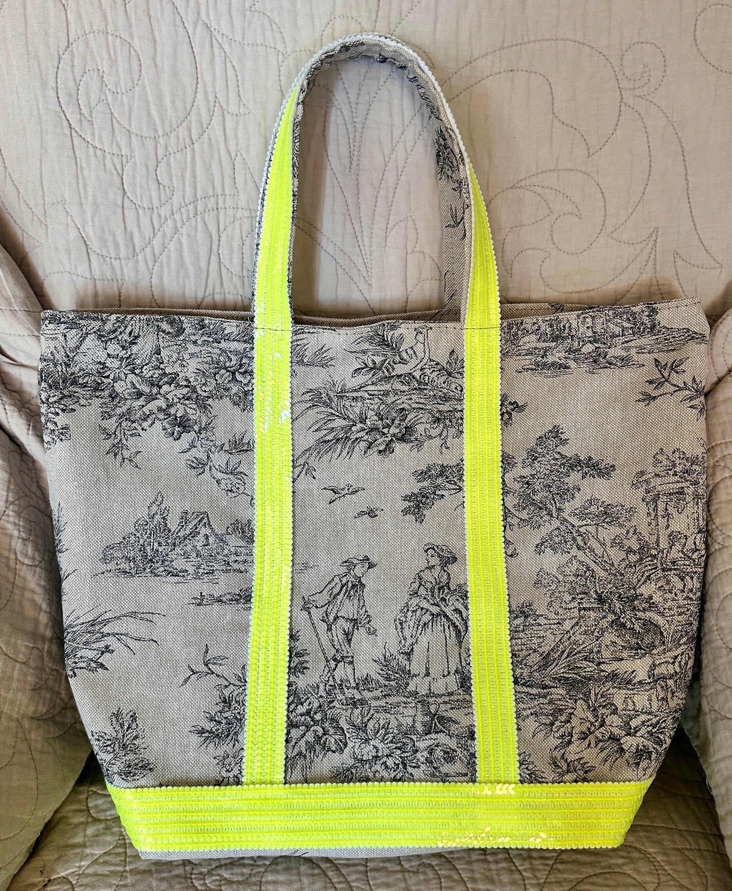 Sac Cabas Toile de Jouy fait main – Sequins Fluo, fourre tout été, sac de plage