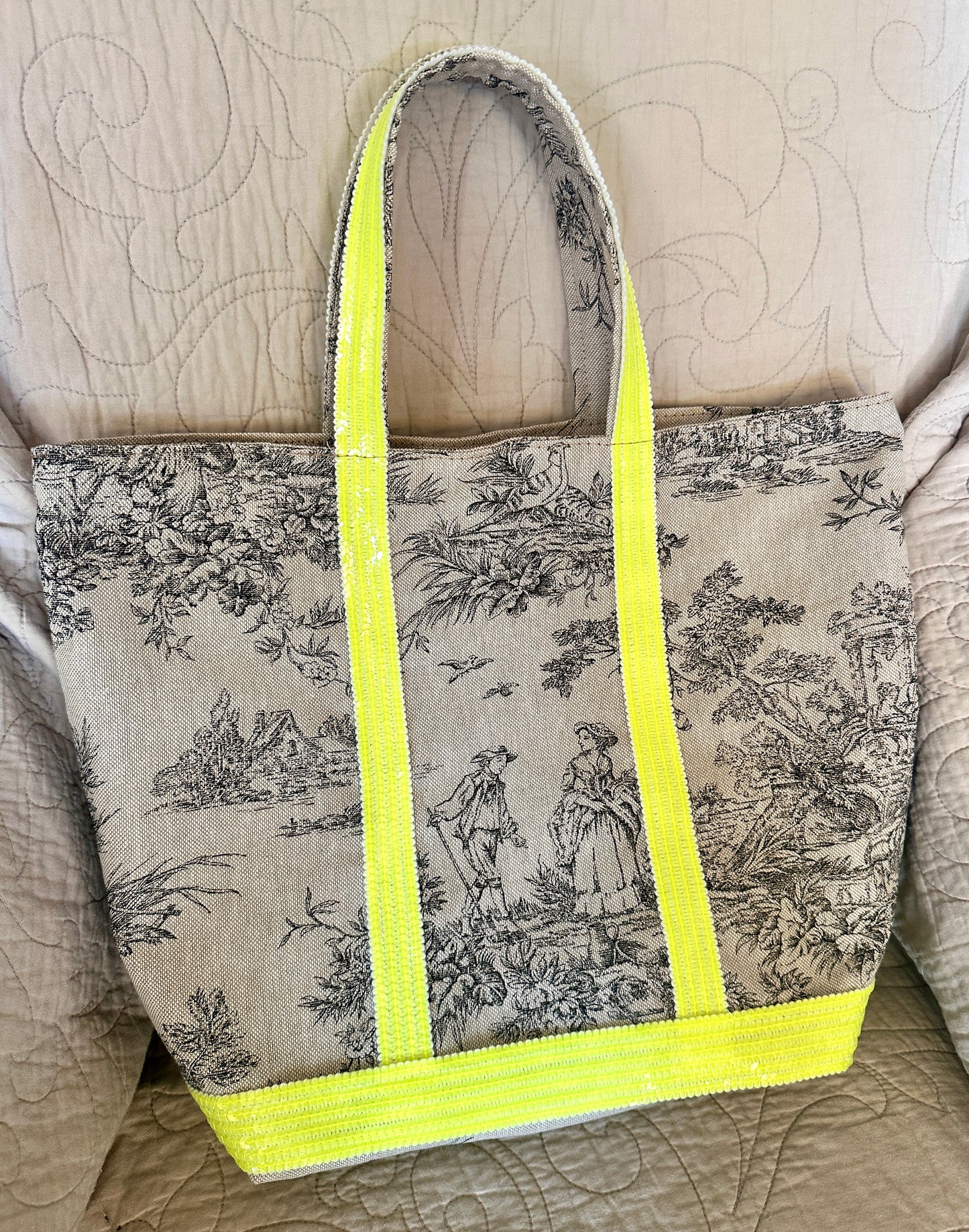 Sac Cabas Toile de Jouy fait main – Sequins Fluo, fourre tout été, sac de plage