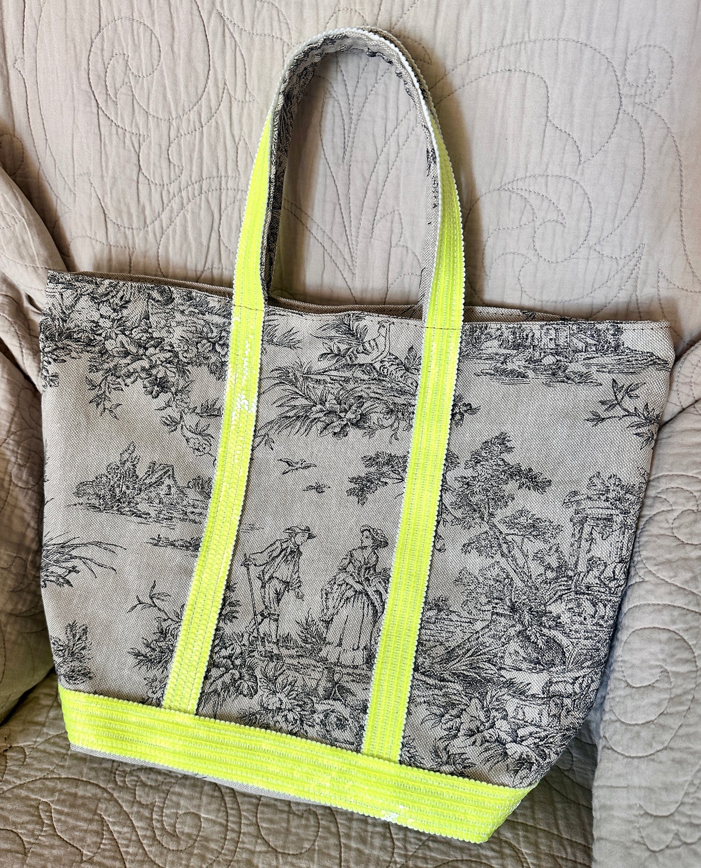 Sac Cabas Toile de Jouy fait main – Sequins Fluo, fourre tout été, sac de plage