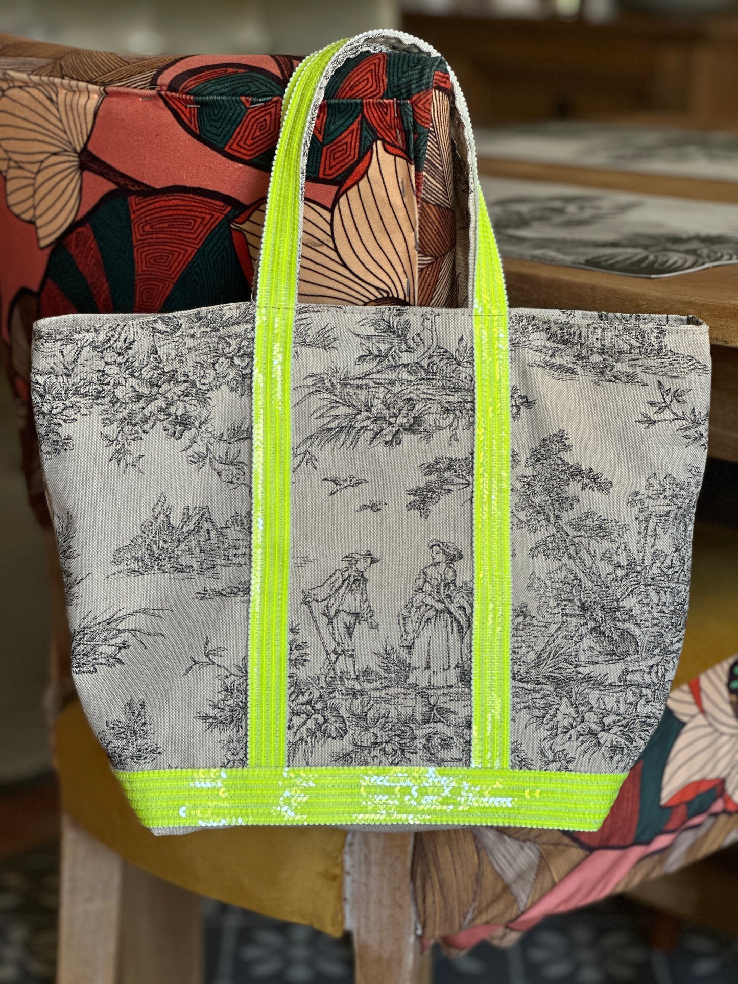 Sac Cabas Toile de Jouy fait main – Sequins Fluo, fourre tout été, sac de plage