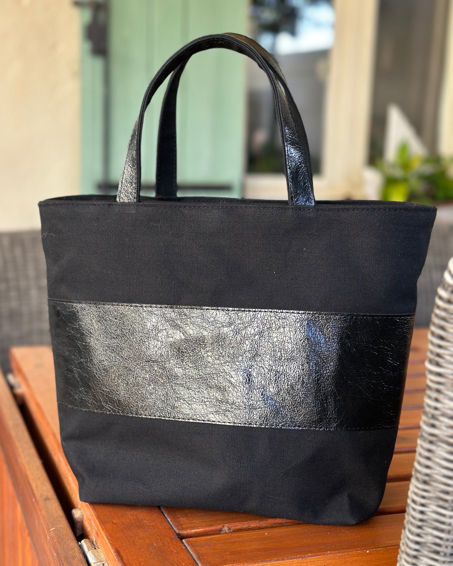 Black Canvas and leather handmade tote bag with handheld handles