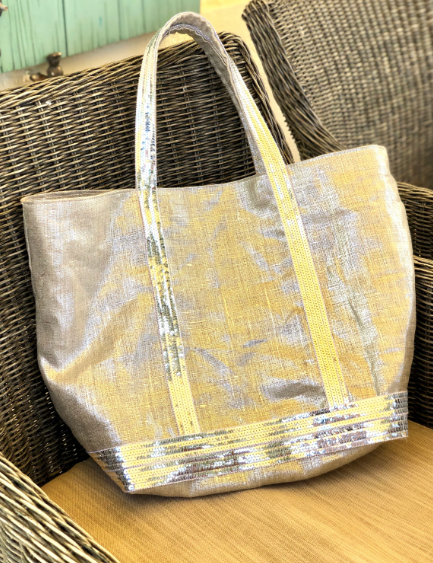 Cabas pour Laurence lin argent paillettes argent