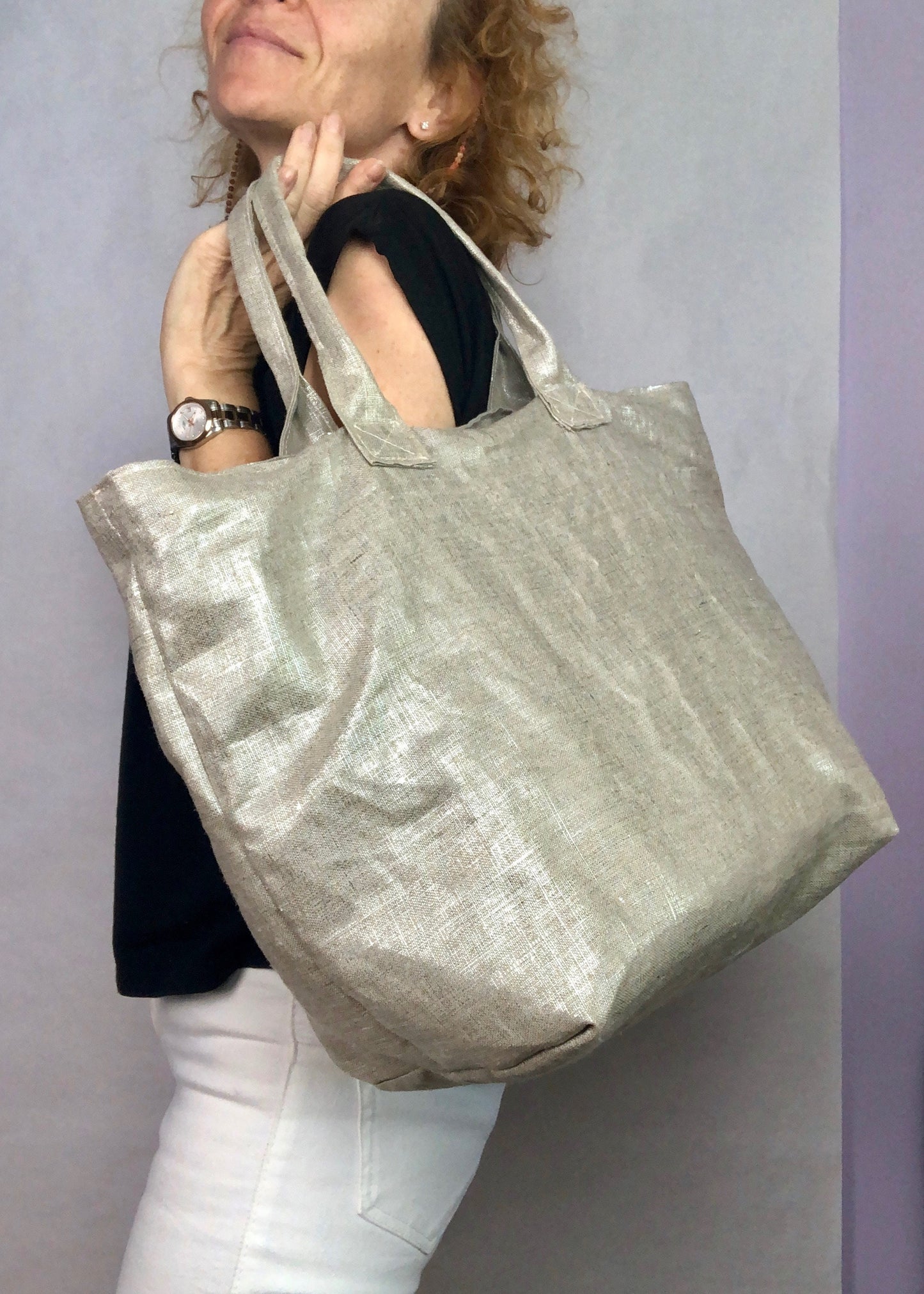 Sac cabas lin argent, sac de plage lin, sac lin argent