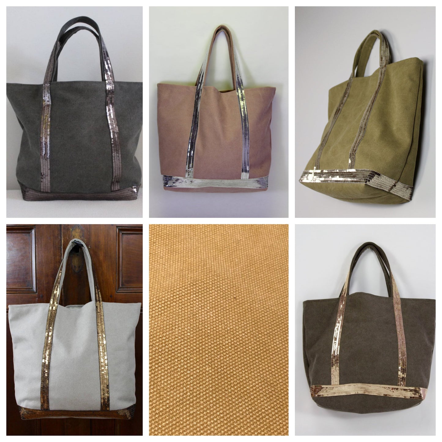 Sac cabas en toile cabas kaki - cabas vert sequins or pale - tote bag kaki paillettes