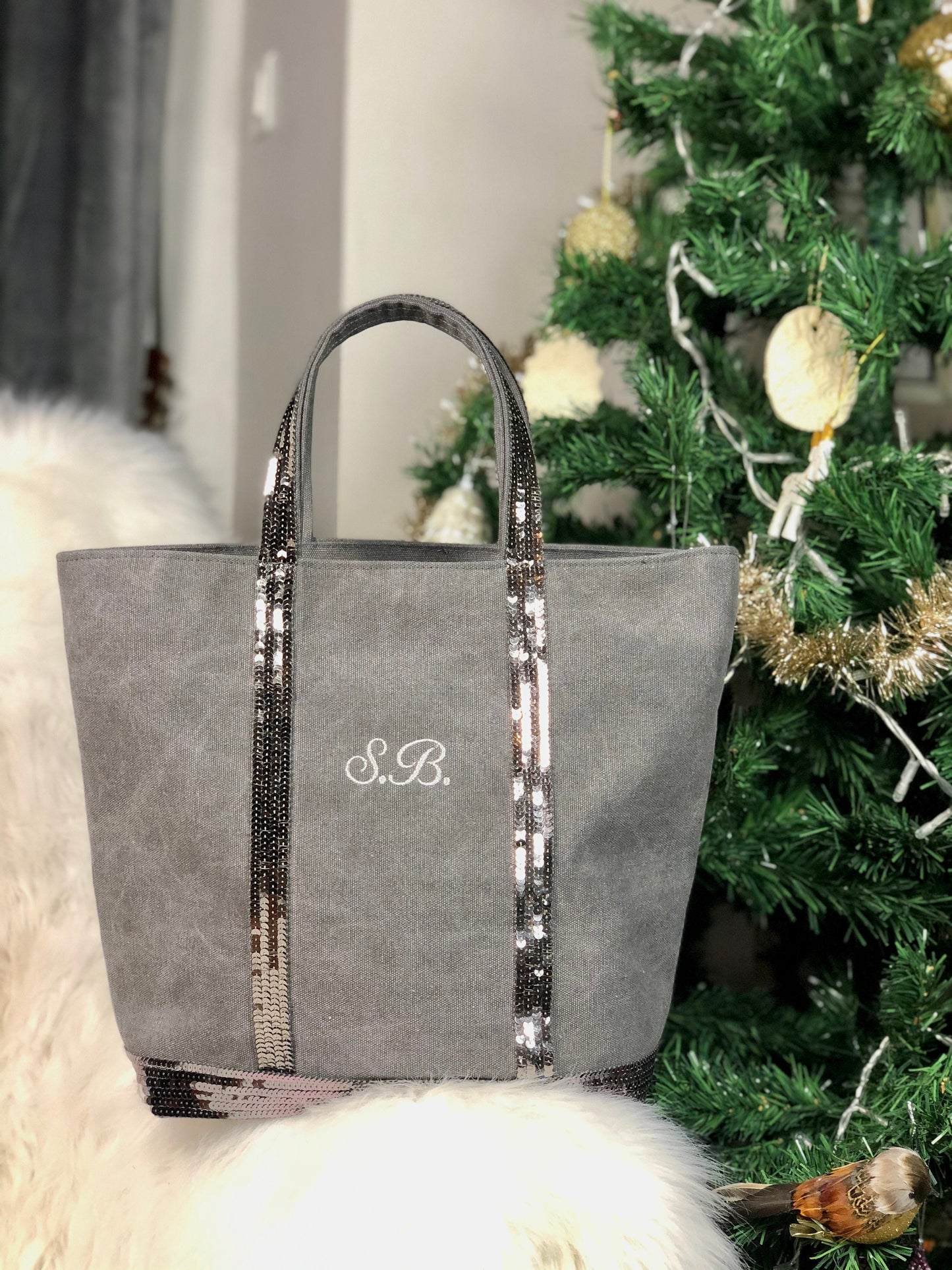 Sac cabas gris initiales brodé - sac cabas cadeau entreprise - cabas gris avec logo