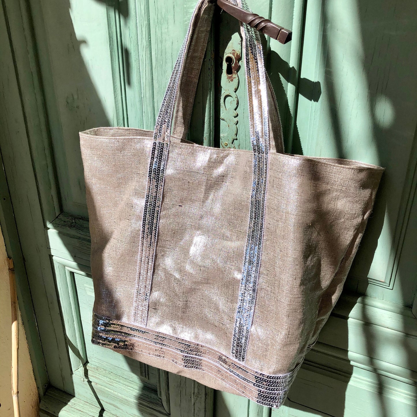 Sac cabas en lin argent sequins argent