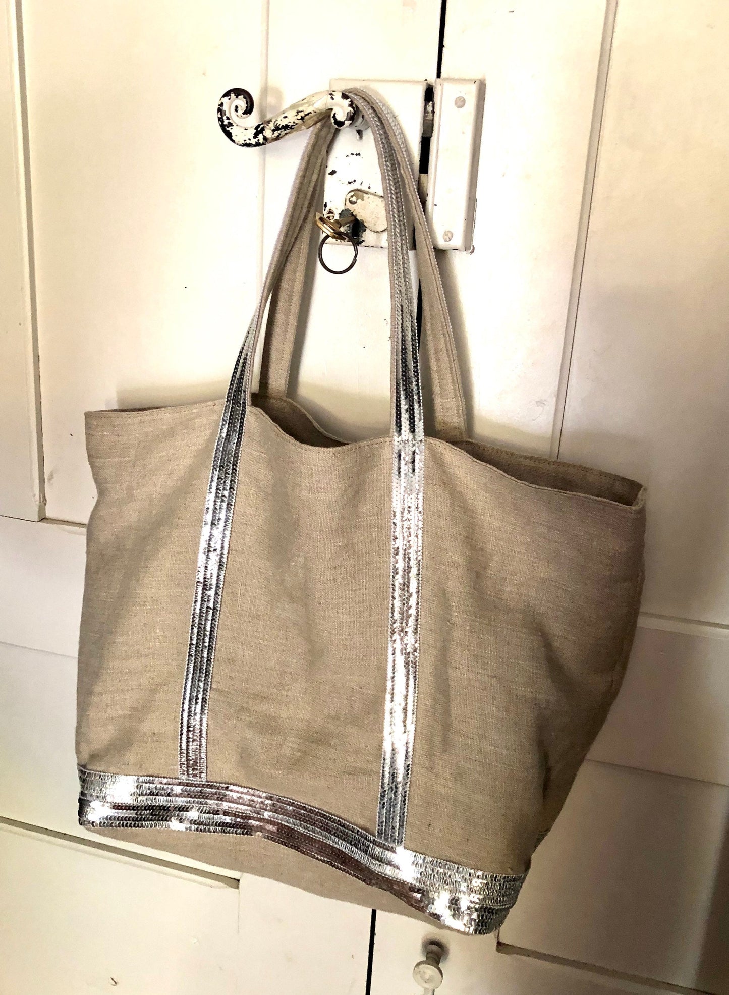 Grand sac cabas naturel, sac de plage avec fermeture, sac lin porté épaule