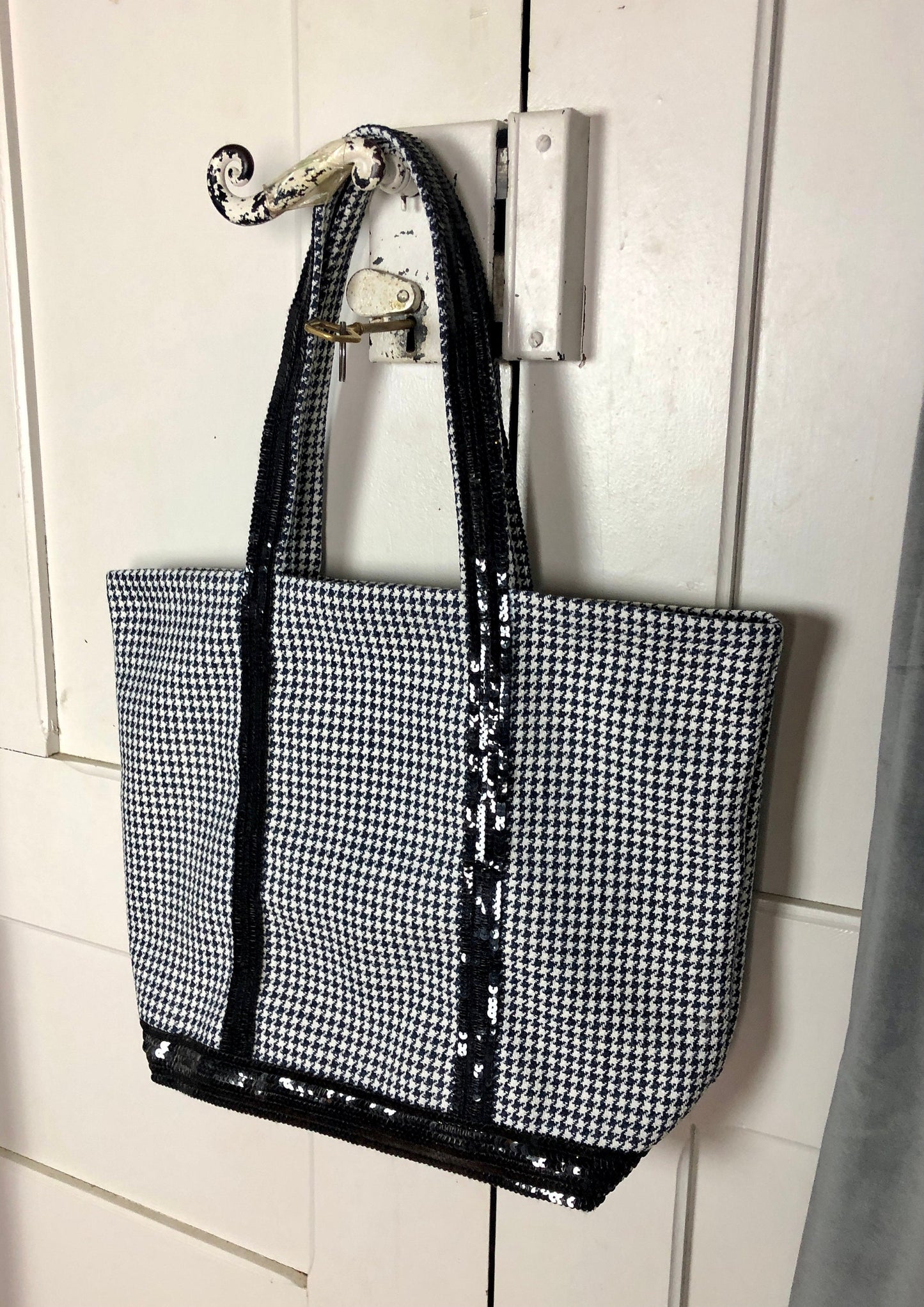 Sac cabas en pied de poule sequins noirs