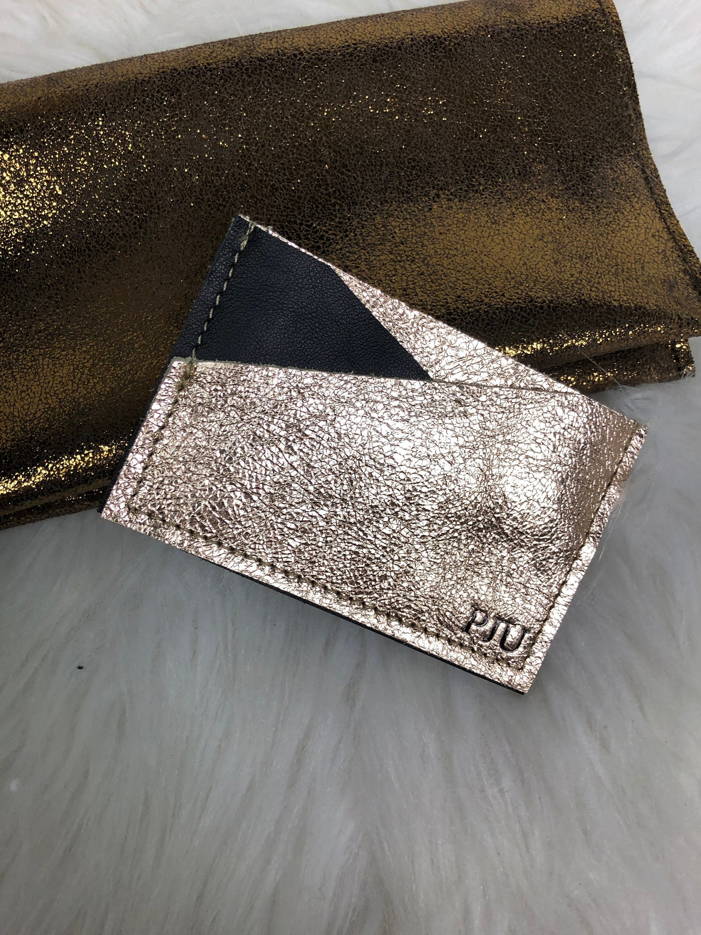 Porte carte cuir or rosé et noir personnalisé