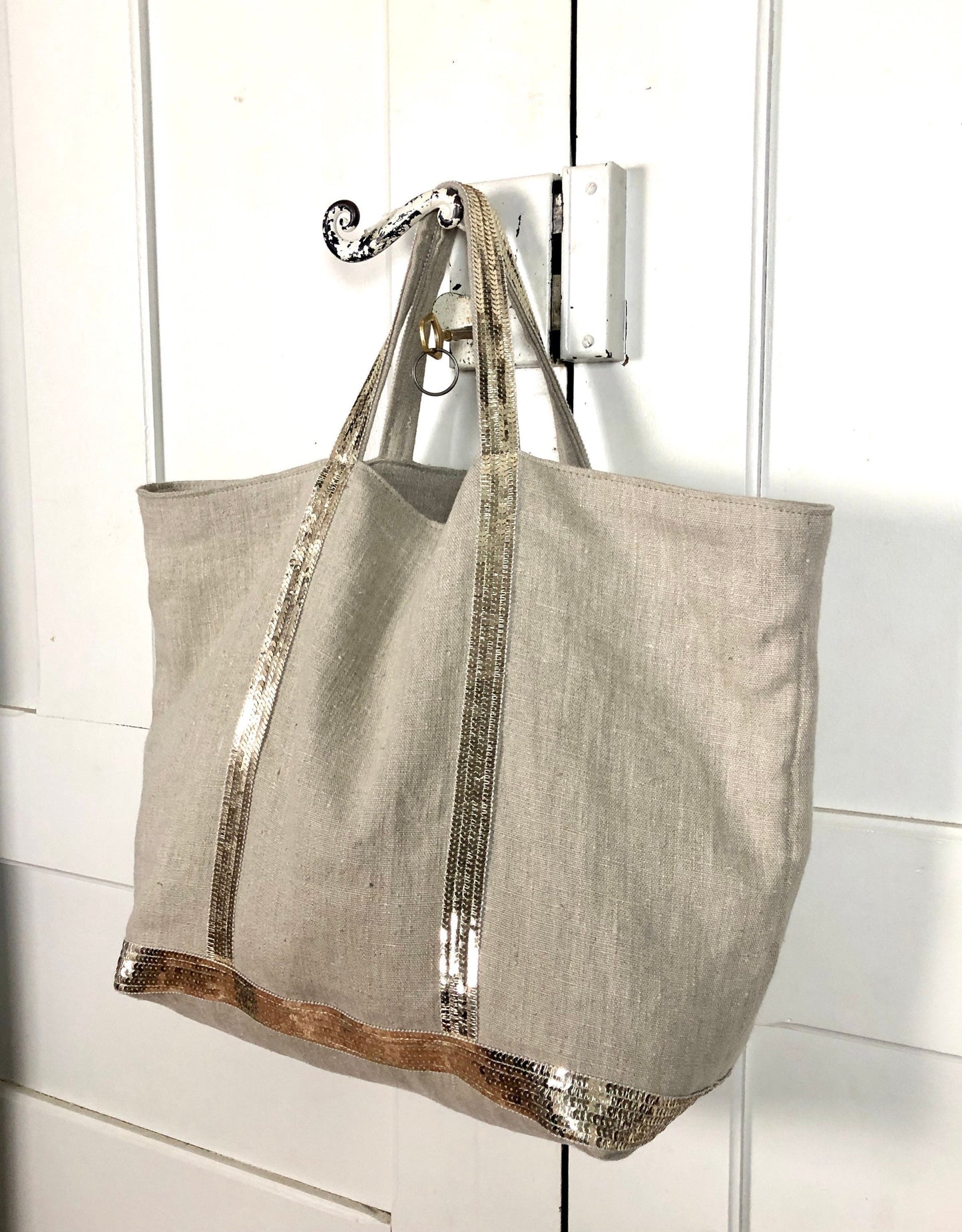 Grand sac cabas en lin naturel paillettes dorés, sac en lin de plage, fourre tout tendance été, sac oversize, cabas porté épaule