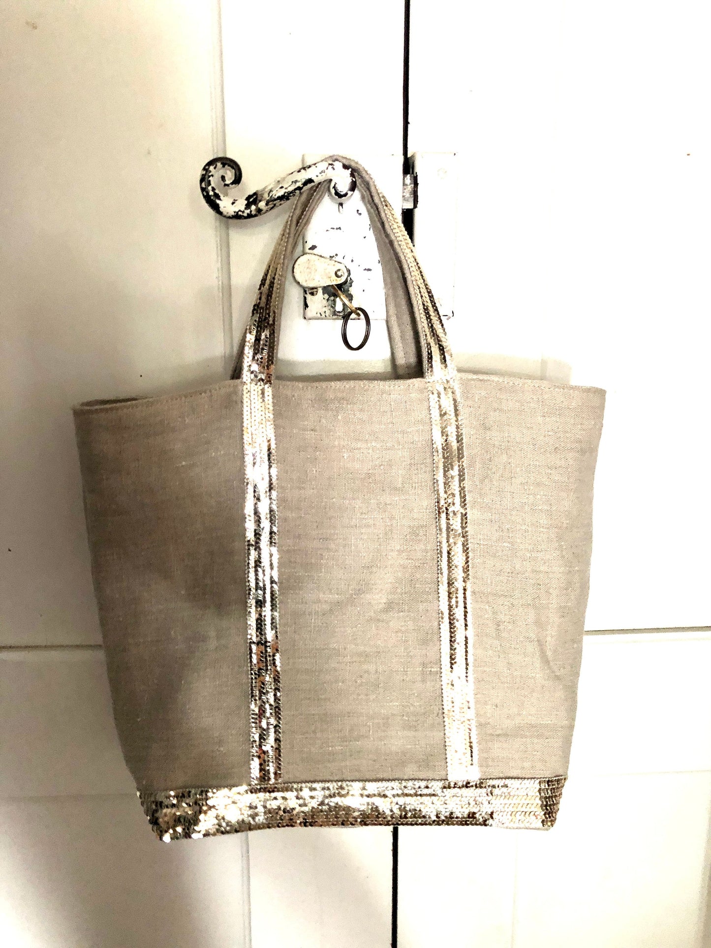 Washed linen tote bag with gold sequins