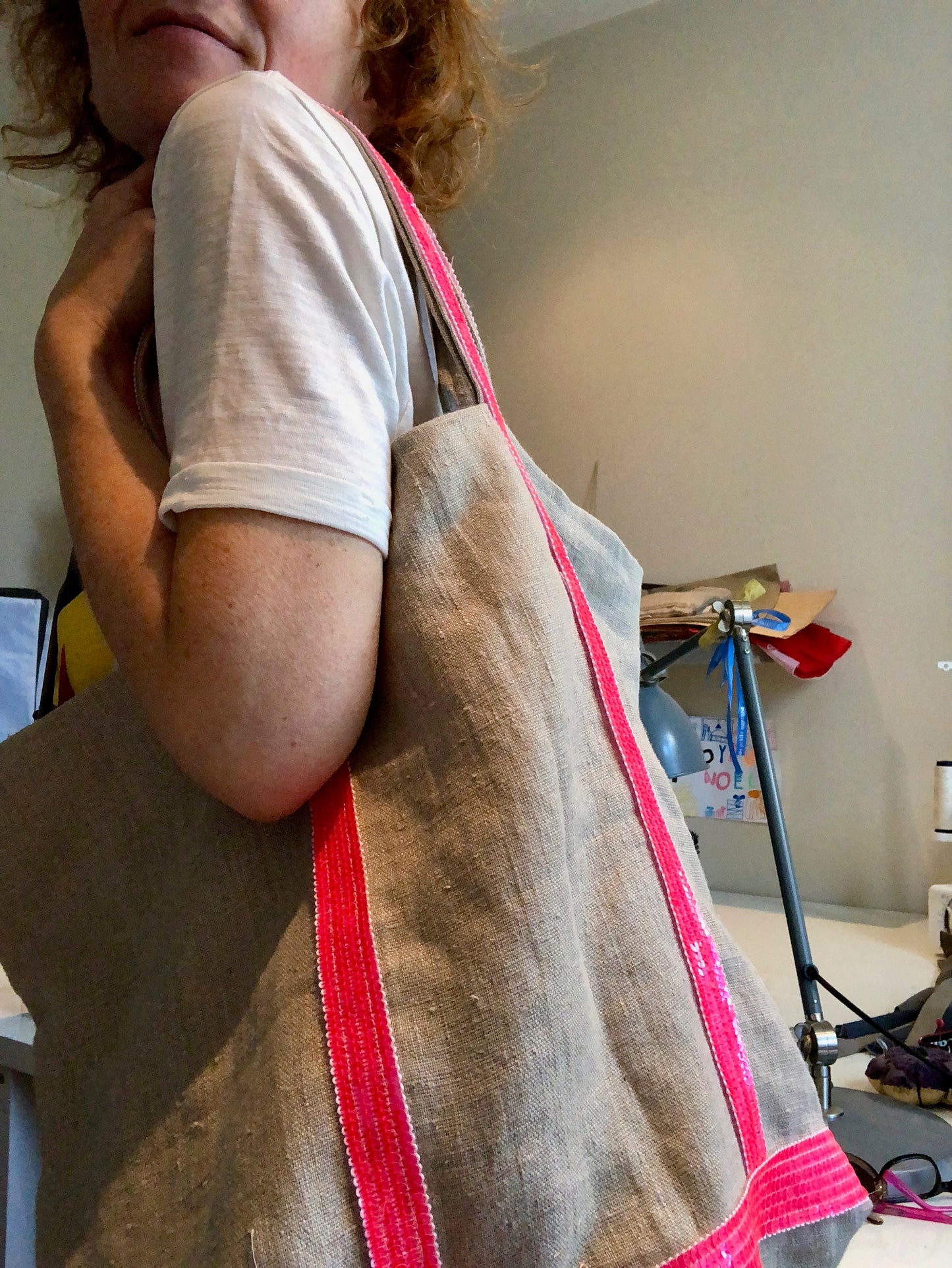 Sac cabas en lin lavé naturel, cabas de plage en lin, sac paillettes rose fluo