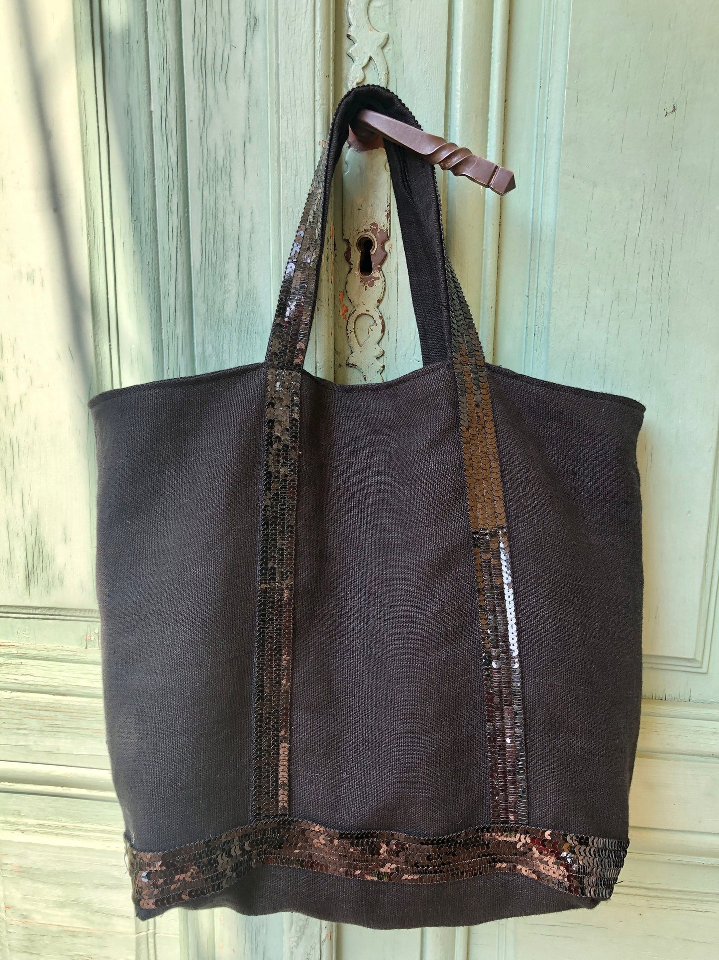 Sac cabas en lin noir sequins noirs