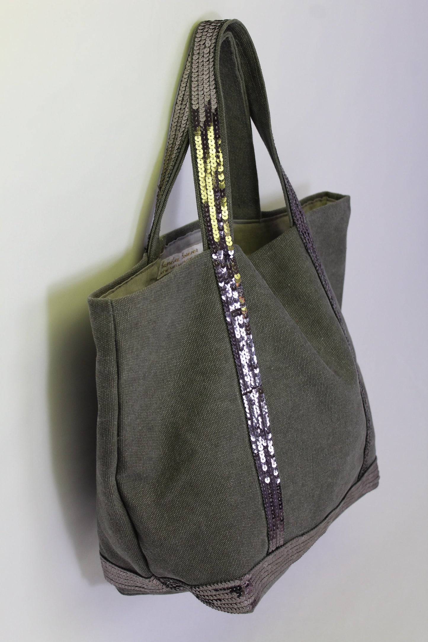 Sac fourre-tout en toile de coton gris avec sequins gris argentés et poche intérieure à fermeture éclair - Accessoire de mode élégant et fonctionnel