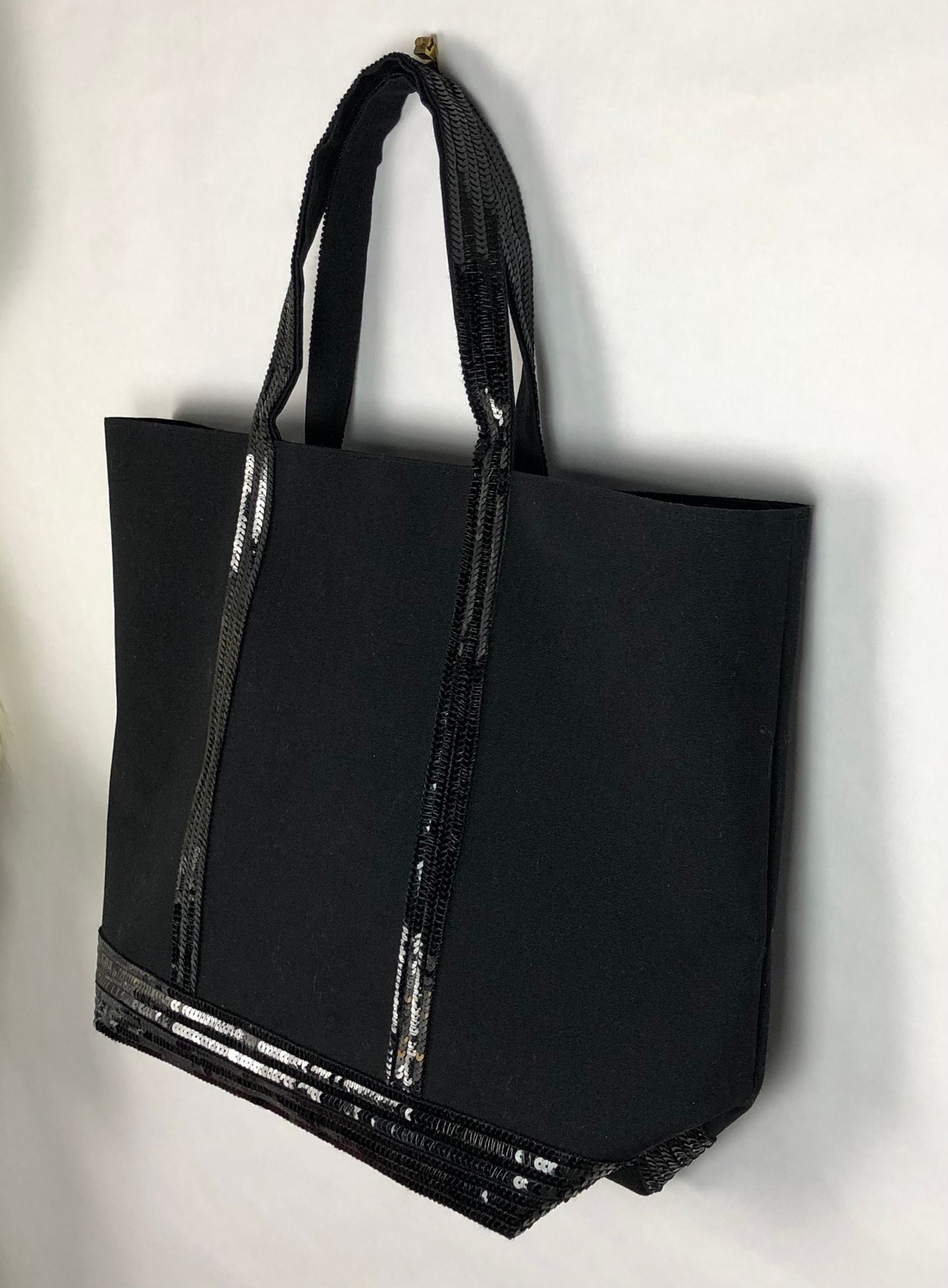 Large black canvas cotton tote bag with black sequins