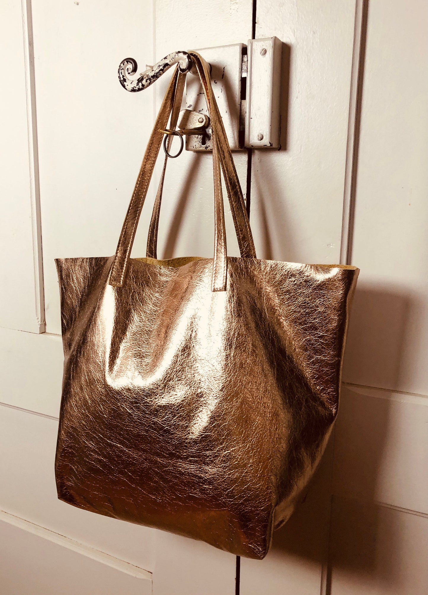 Pink gold leather tote bag