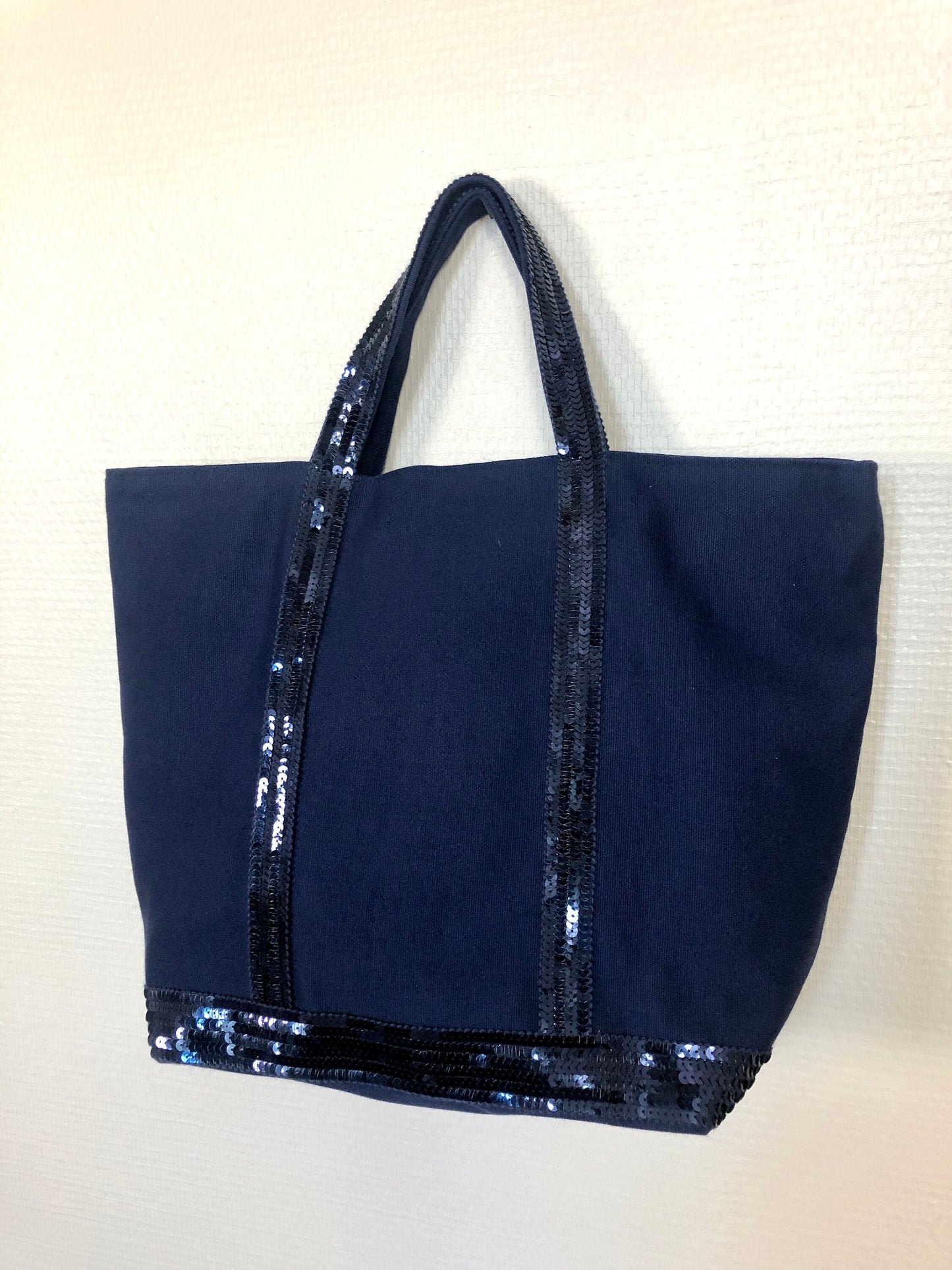 Navy cotton sequin tote bag, handheld navy shopper, French chic sequin purse, Emilie in Paris style, Paris chic purse,