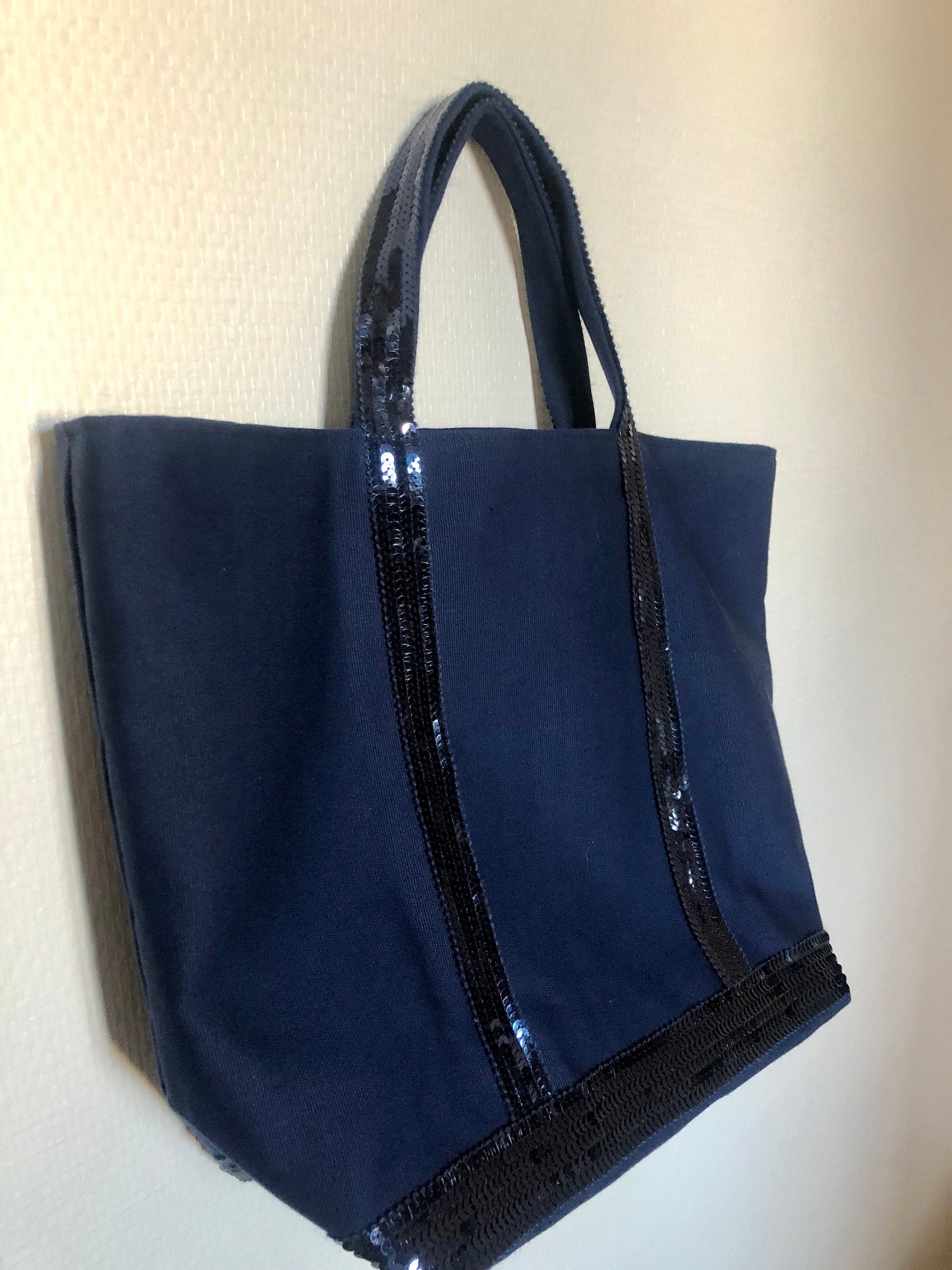 Navy cotton sequin tote bag, handheld navy shopper, French chic sequin purse, Emilie in Paris style, Paris chic purse,