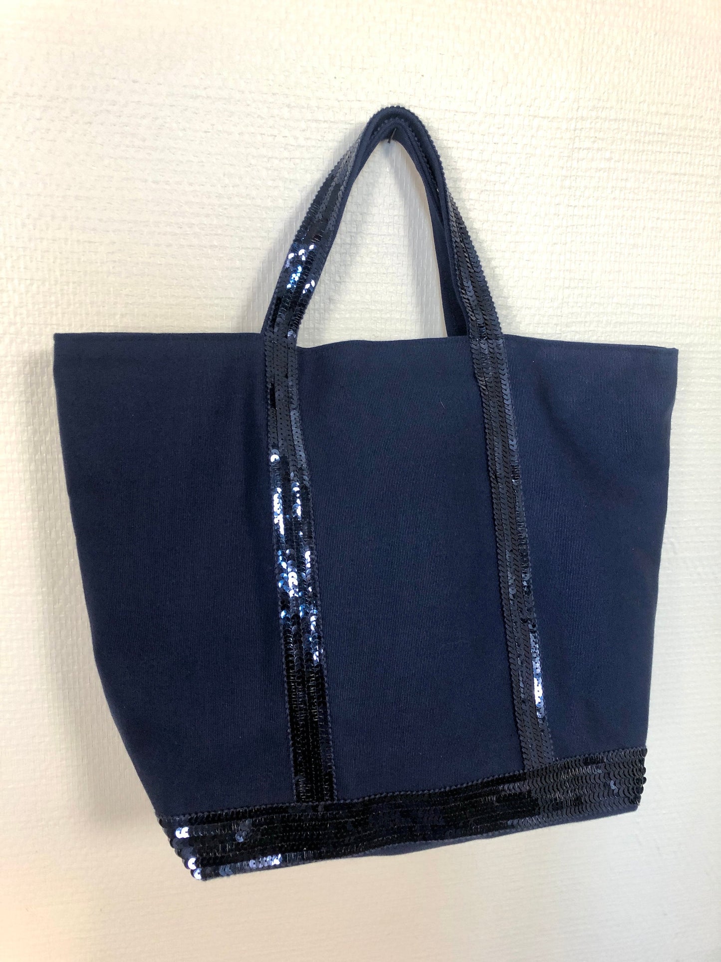 Navy cotton sequin tote bag, handheld navy shopper, French chic sequin purse, Emilie in Paris style, Paris chic purse,