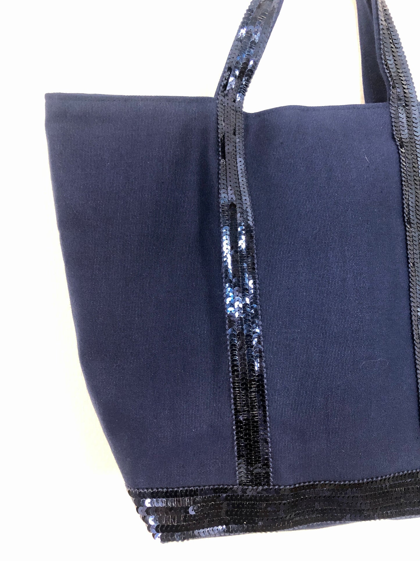 Navy cotton sequin tote bag, handheld navy shopper, French chic sequin purse, Emilie in Paris style, Paris chic purse,