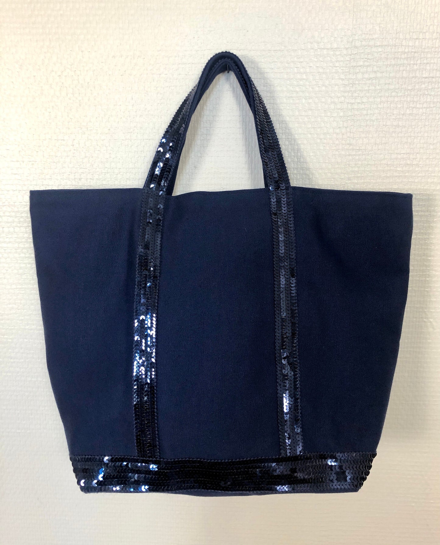Navy cotton sequin tote bag, handheld navy shopper, French chic sequin purse, Emilie in Paris style, Paris chic purse,