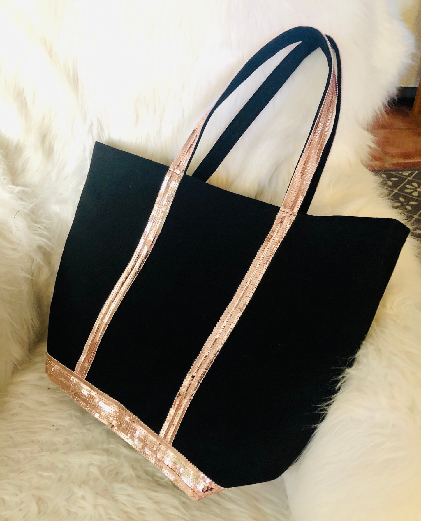 Sac cabas toile de coton noir paillettes rose pale