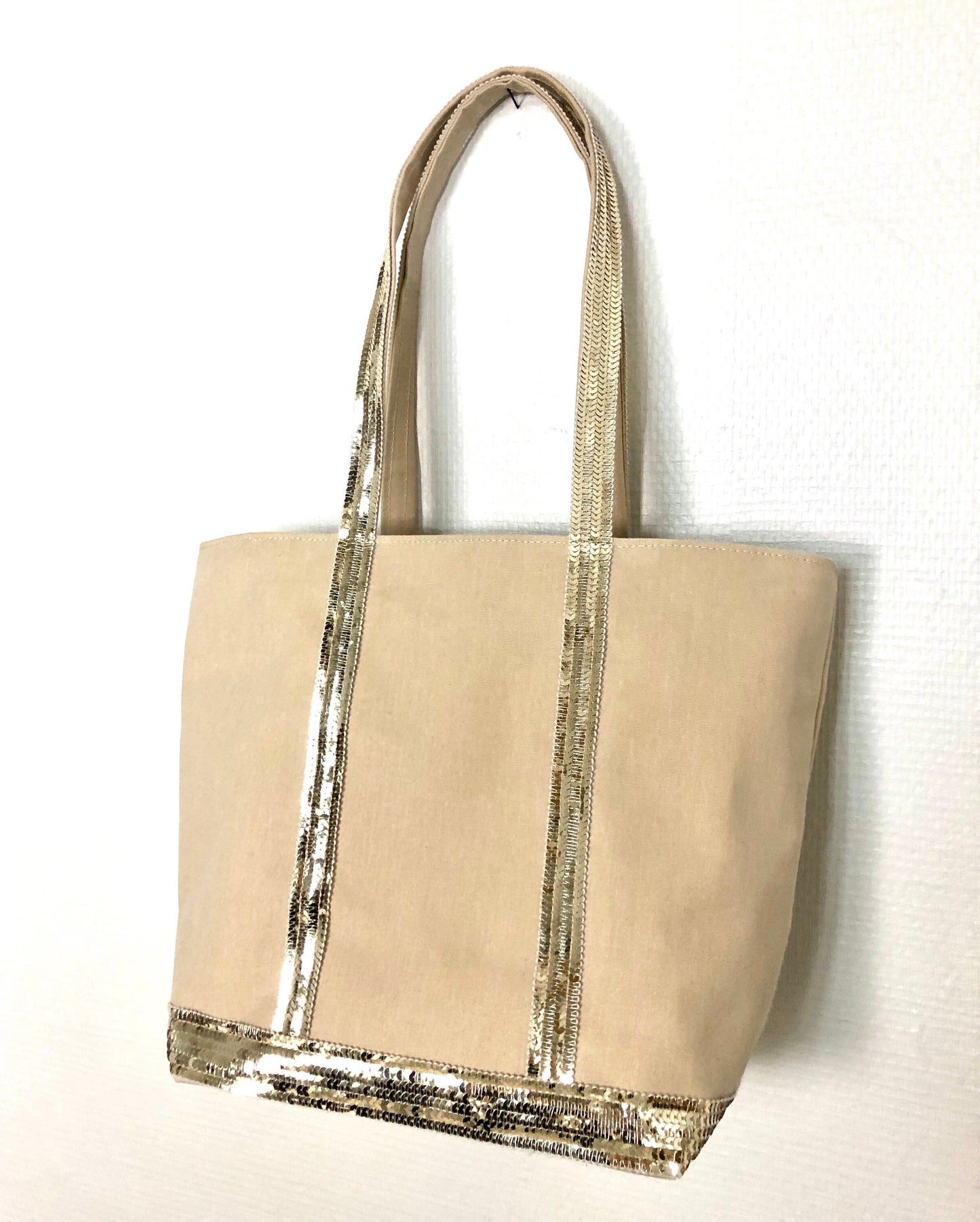 Sac cabas beige paillettes, sac été, sac collège, sac demoiselle d'honneur, cabas sequins plage