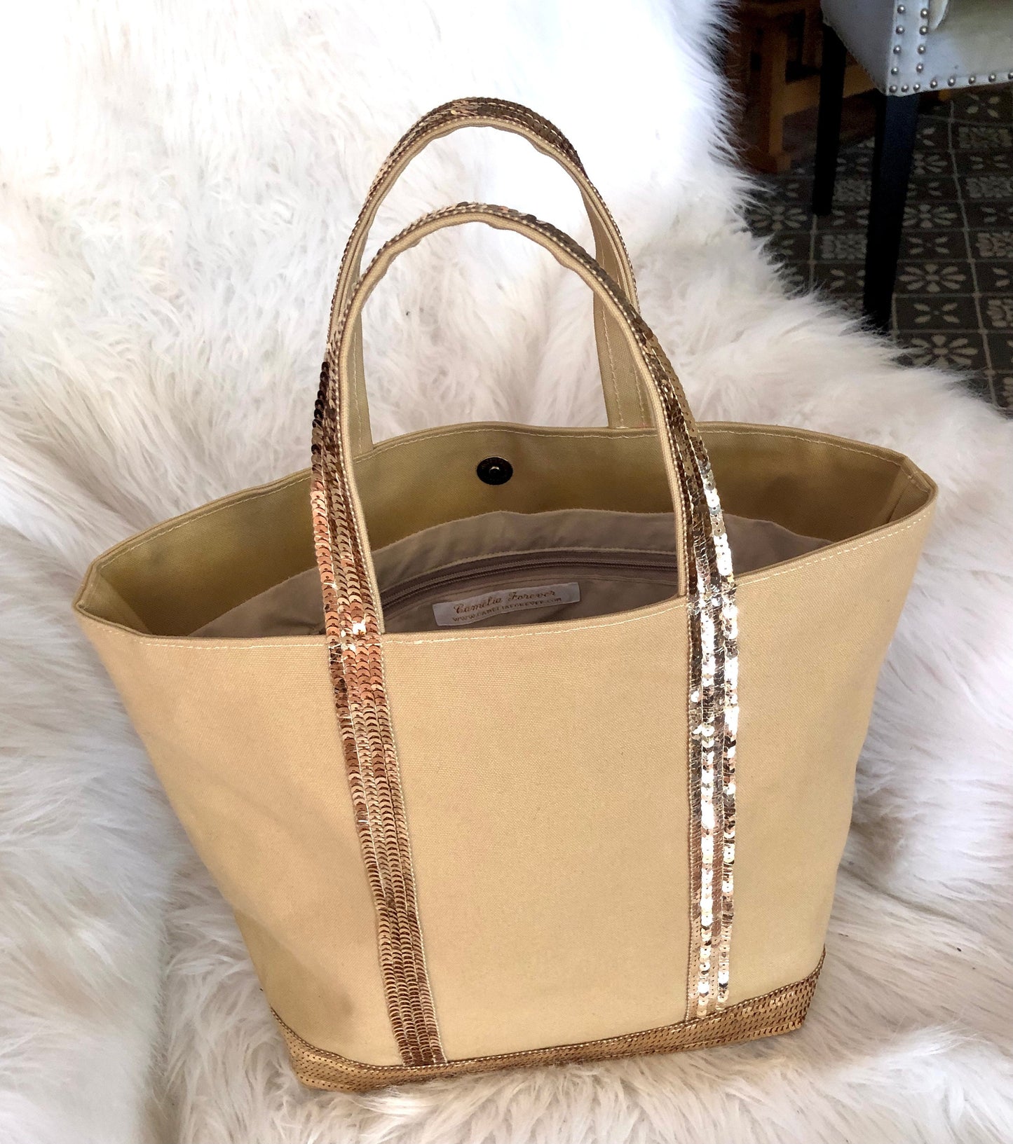 Ssac à main camel, sac cabas été tendance, fourre tout paillettes, sac de plage sequins, sac personnalisé