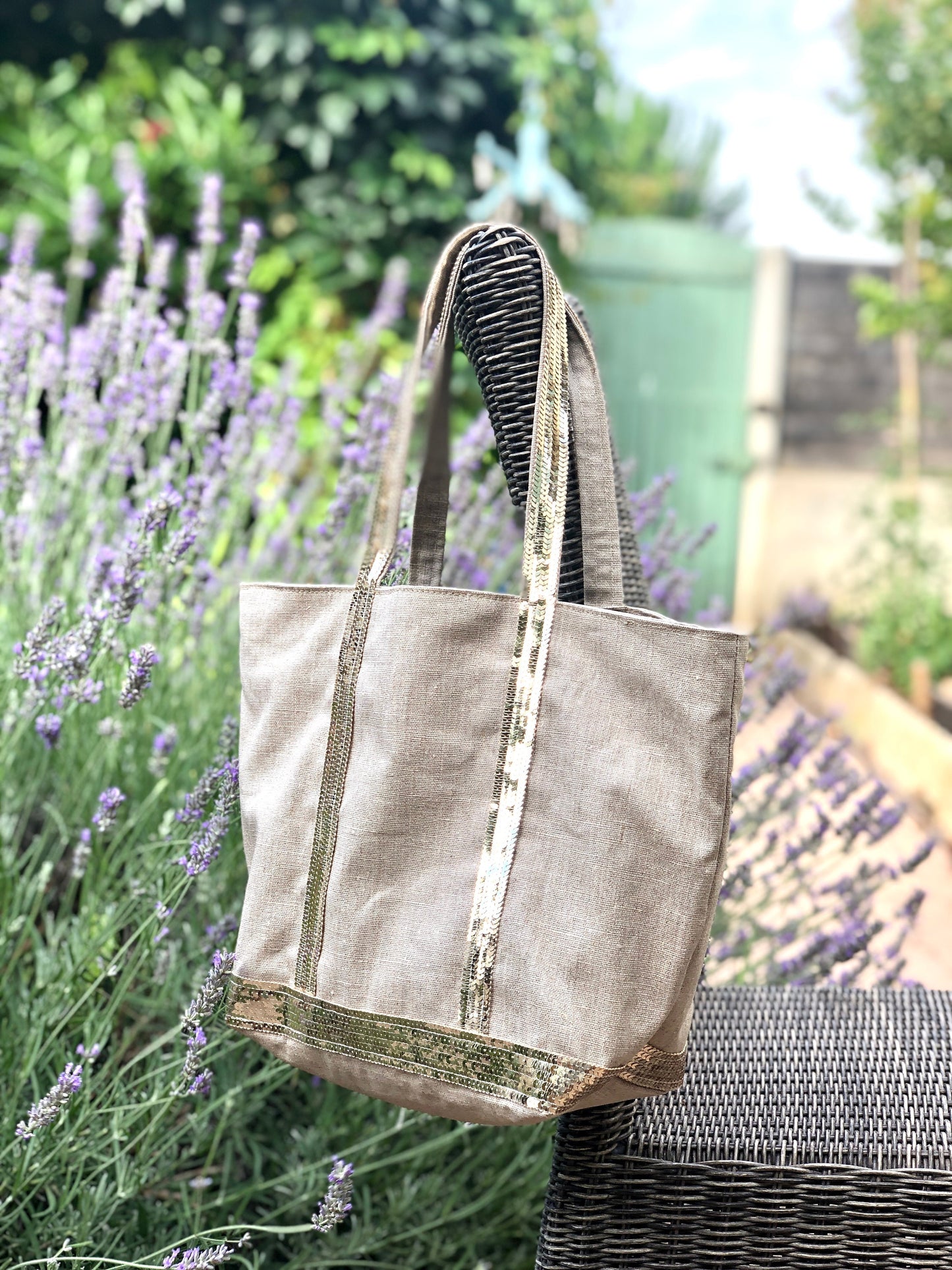 Sac porté épaule lin enduit naturel paillettes dorées, sac cabas avec fermeture eclair, fourre tout été, tote bag épaule en lin