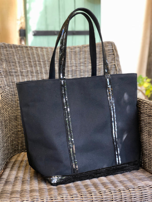 Large black canvas cotton tote bag with black sequins