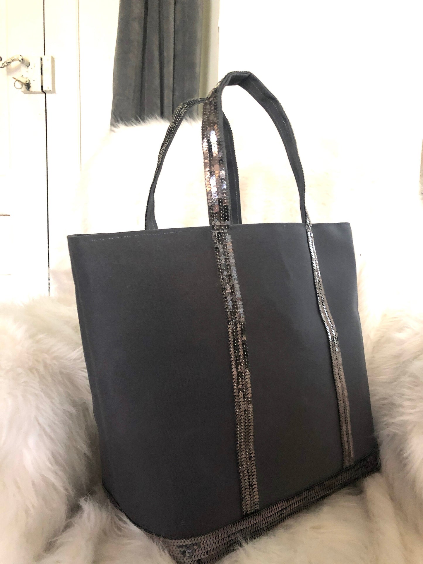 Sac cabas en toile de coton gris sequins argent