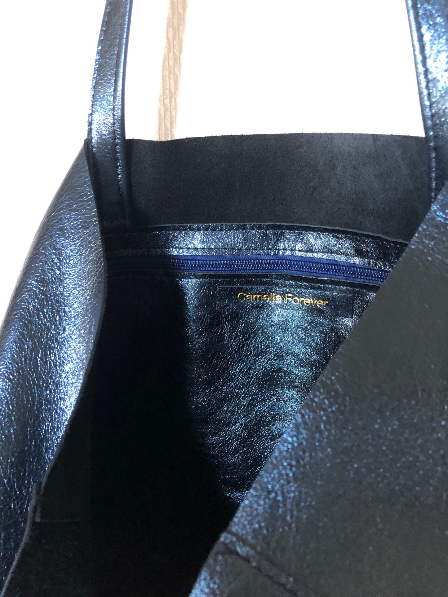 Metallic navy Italian leather large tote bag large navy sparkle leather oversize tote everyday leather shoulder purse