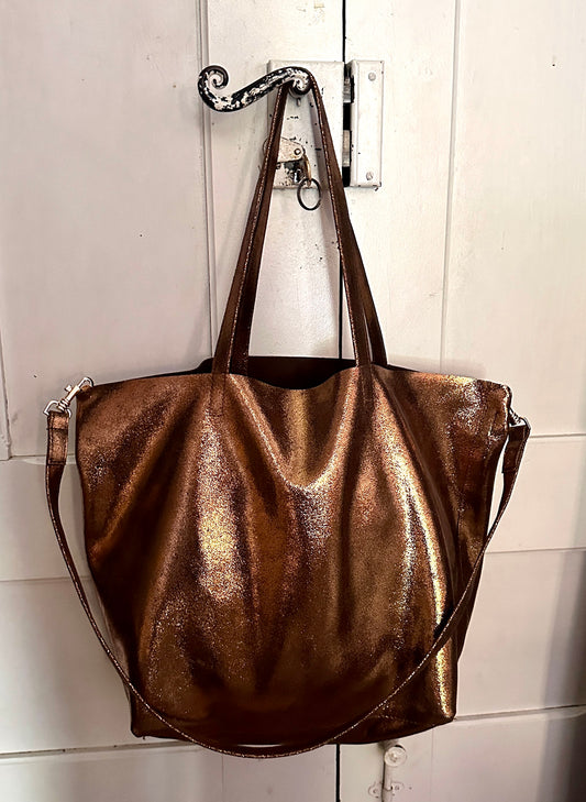 Grand cabas en cuir italien pailleté bronze fait main avec bandoulière amovible