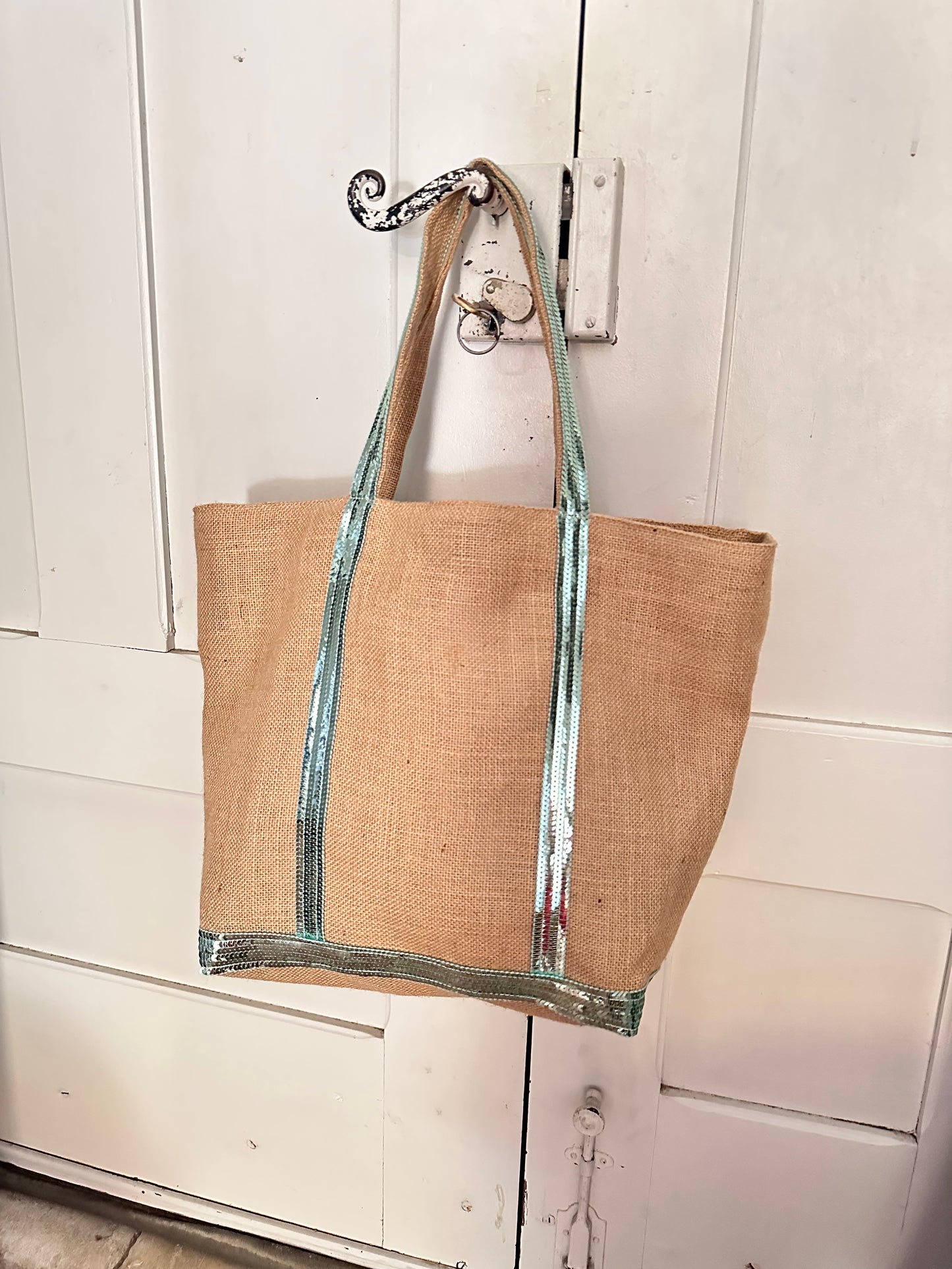 Burlap shopping bag, mint green sequins