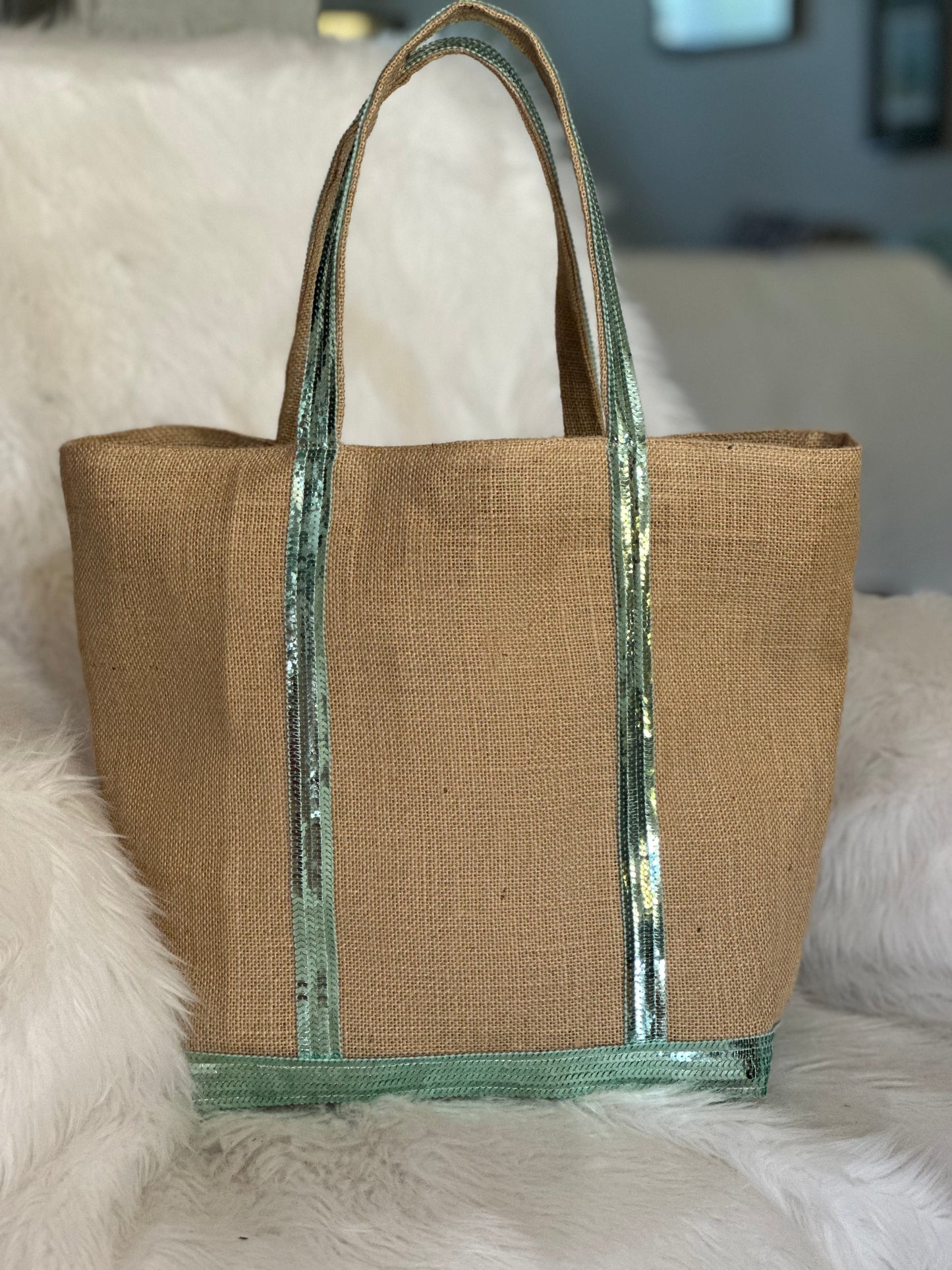 Burlap shopping bag, mint green sequins