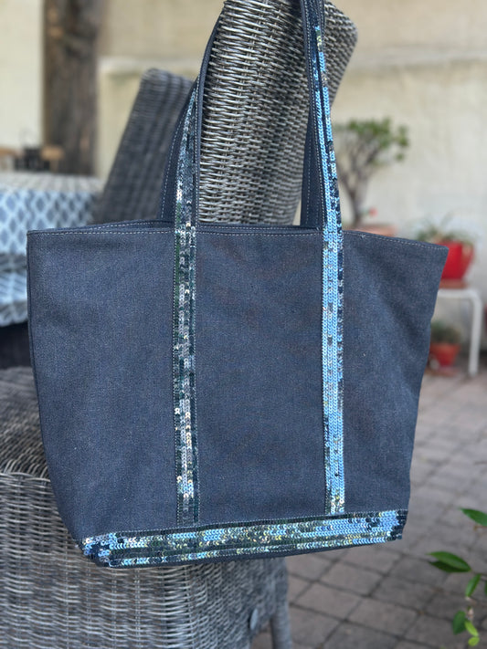 Sac Cabas Fait Main en Coton Gris Doublé de Sequins Argentés