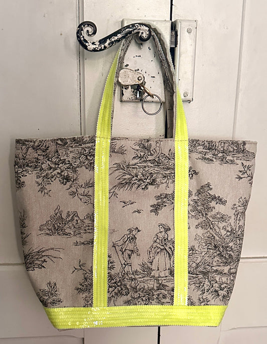 Sac Cabas Toile de Jouy fait main – Sequins Fluo, fourre tout été, sac de plage