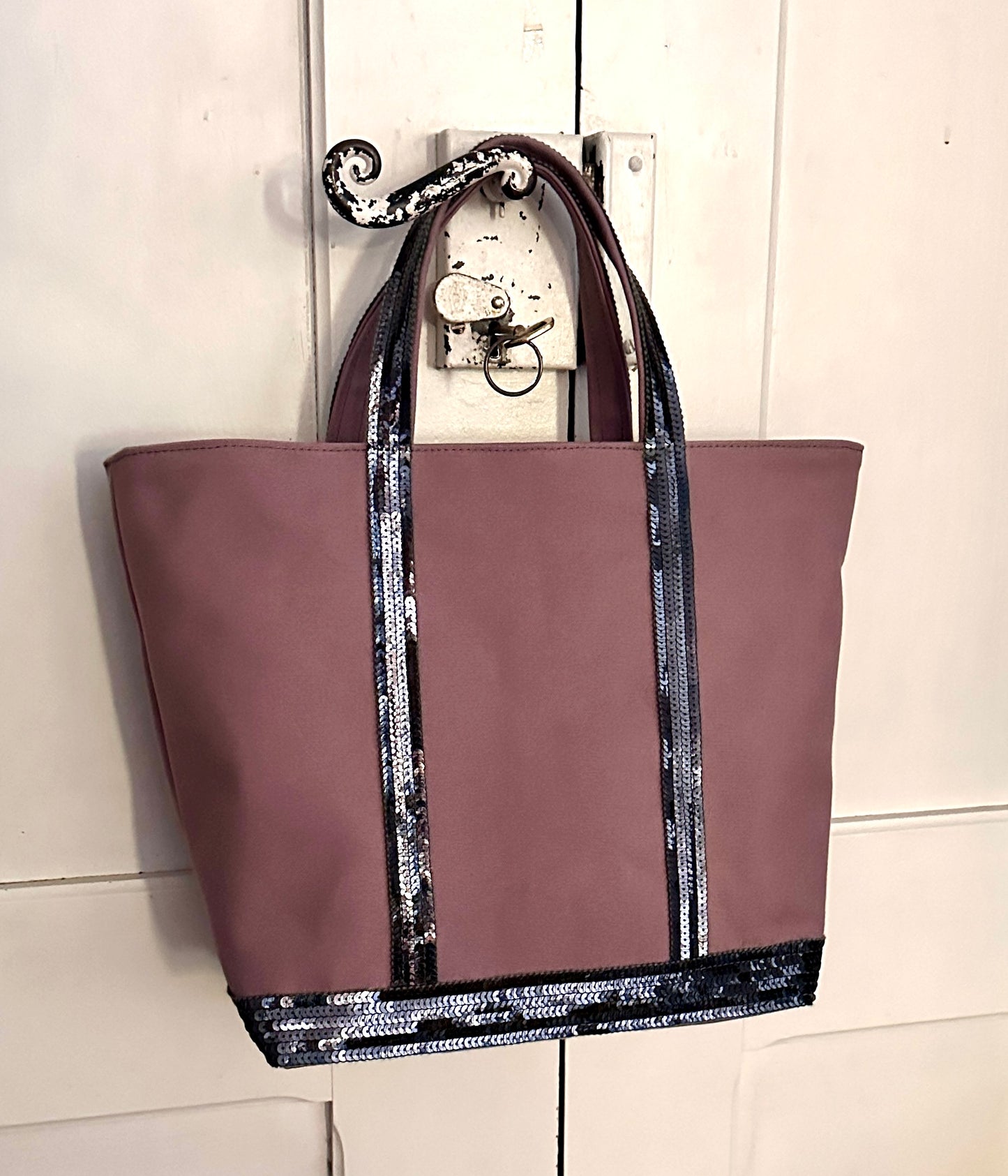 Elegant Purple Tote Bag with Anthracite Gray Sequins, Mauve Shopping Bag with Silver Sequins, Mauve Tote Bag with Dark Gray Sequins