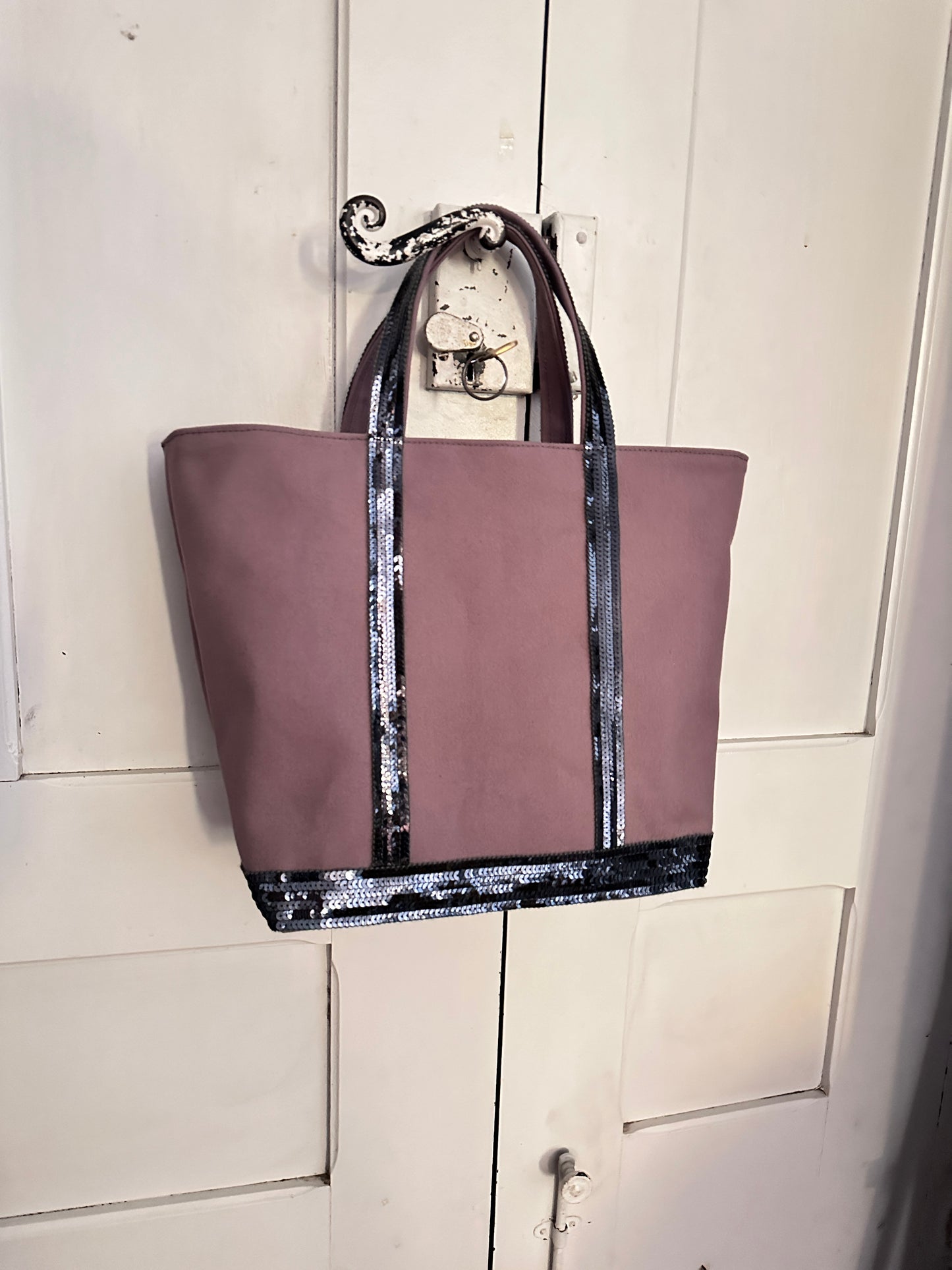 Elegant Purple Tote Bag with Anthracite Gray Sequins, Mauve Shopping Bag with Silver Sequins, Mauve Tote Bag with Dark Gray Sequins