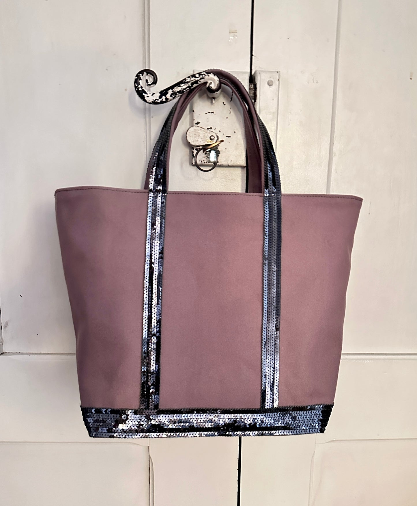Elegant Purple Tote Bag with Anthracite Gray Sequins, Mauve Shopping Bag with Silver Sequins, Mauve Tote Bag with Dark Gray Sequins