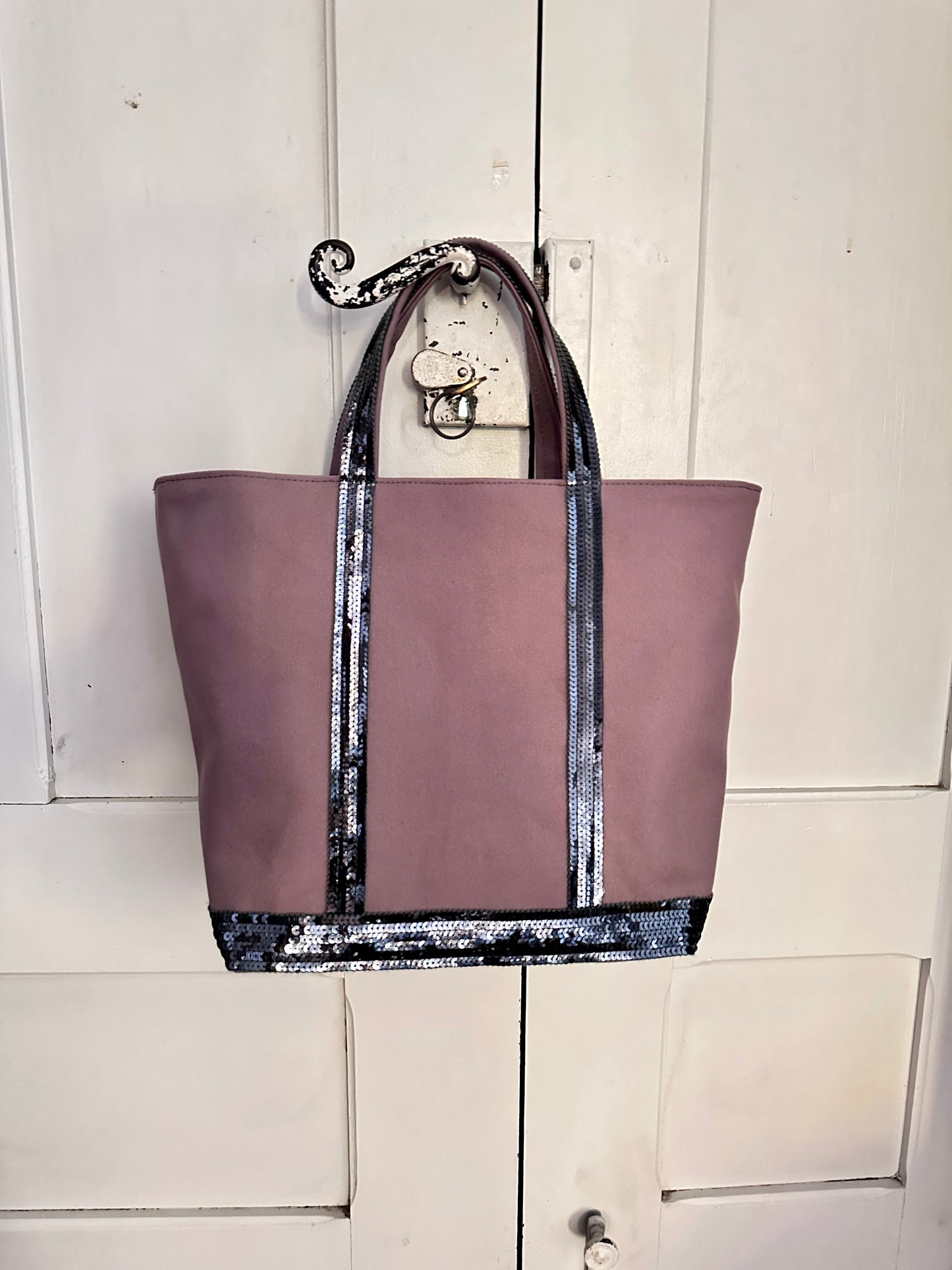 Elegant Purple Tote Bag with Anthracite Gray Sequins, Mauve Shopping Bag with Silver Sequins, Mauve Tote Bag with Dark Gray Sequins