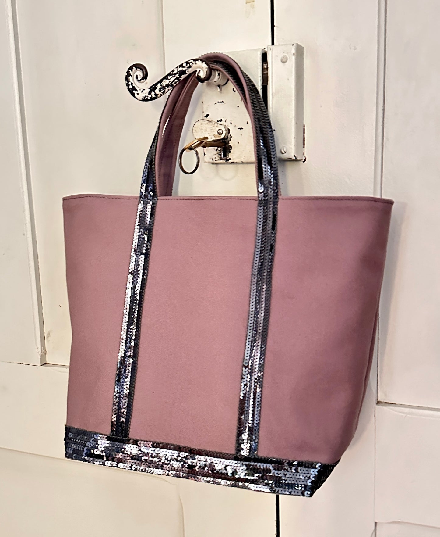Elegant Purple Tote Bag with Anthracite Gray Sequins, Mauve Shopping Bag with Silver Sequins, Mauve Tote Bag with Dark Gray Sequins