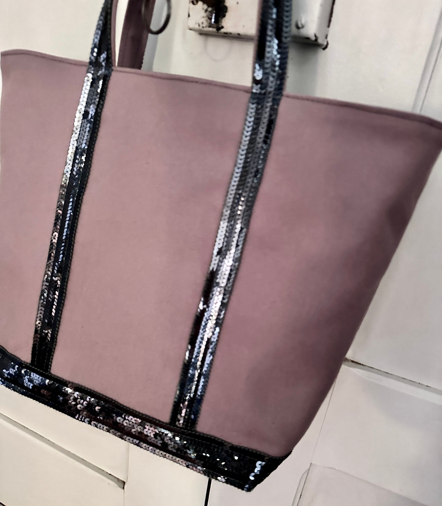 Elegant Purple Tote Bag with Anthracite Gray Sequins, Mauve Shopping Bag with Silver Sequins, Mauve Tote Bag with Dark Gray Sequins