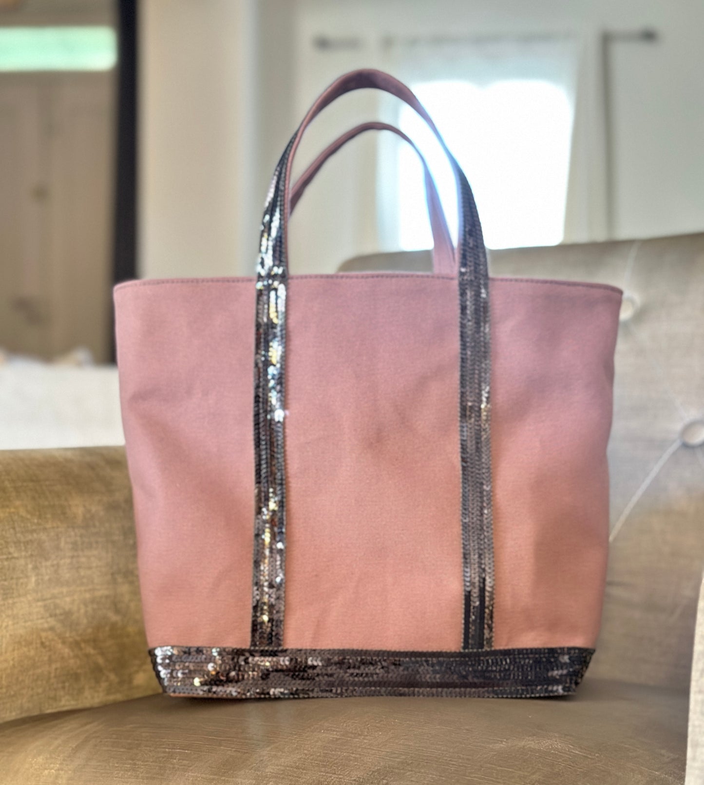 Elegant Purple Tote Bag with Anthracite Gray Sequins, Mauve Shopping Bag with Silver Sequins, Mauve Tote Bag with Dark Gray Sequins